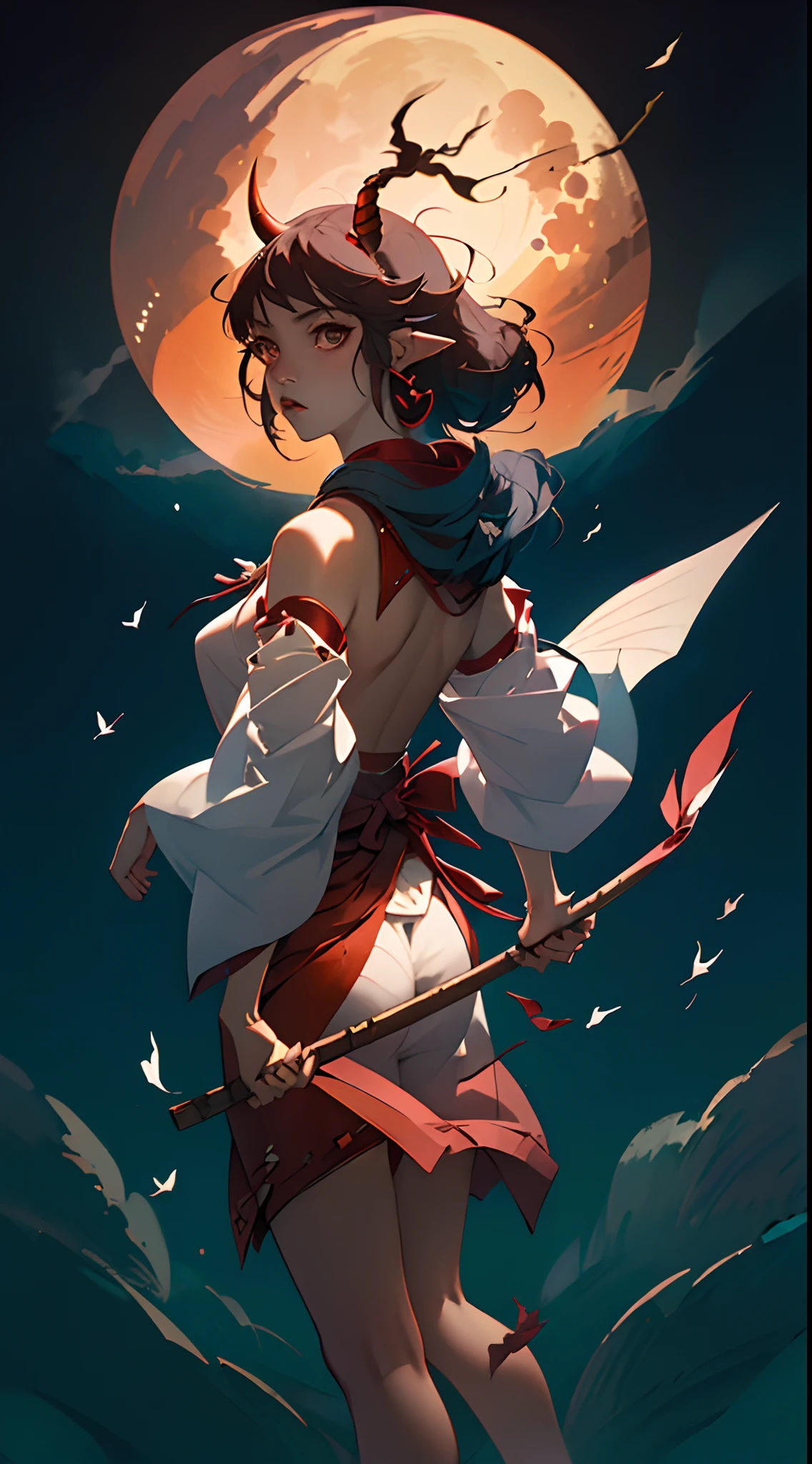 Miko, one horn in head, fly, fluttering clothes, shoot on back, look at back, lunar background, bring a stick,