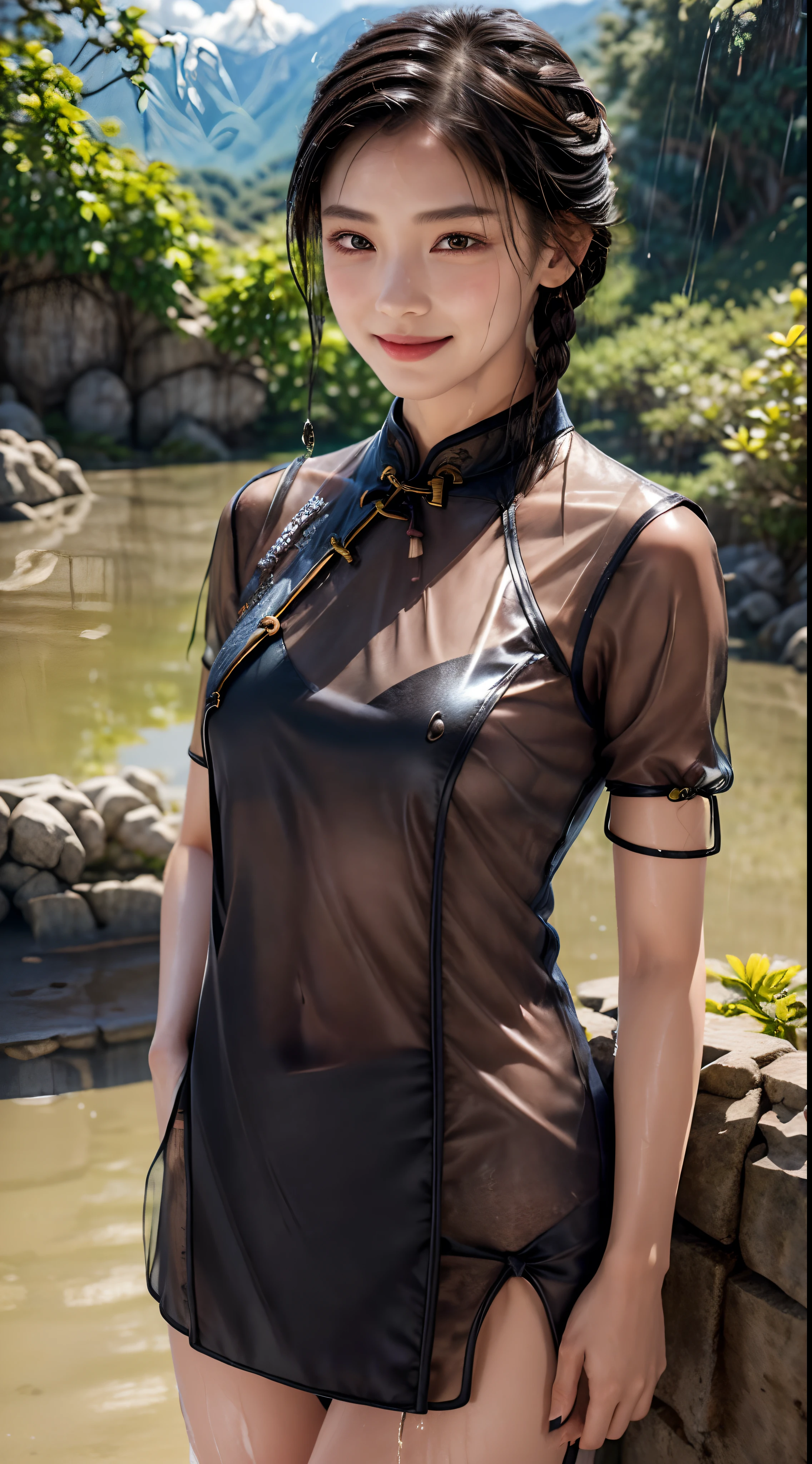 femele,12 years ,japanes,Brown hair,(((Black cheongsam))),Beautiful short hair,,Hair fastening to bangs,,((()),Natural smile,((())),Braids.(((Clothes are wet and see-through))),sand beach,((())),