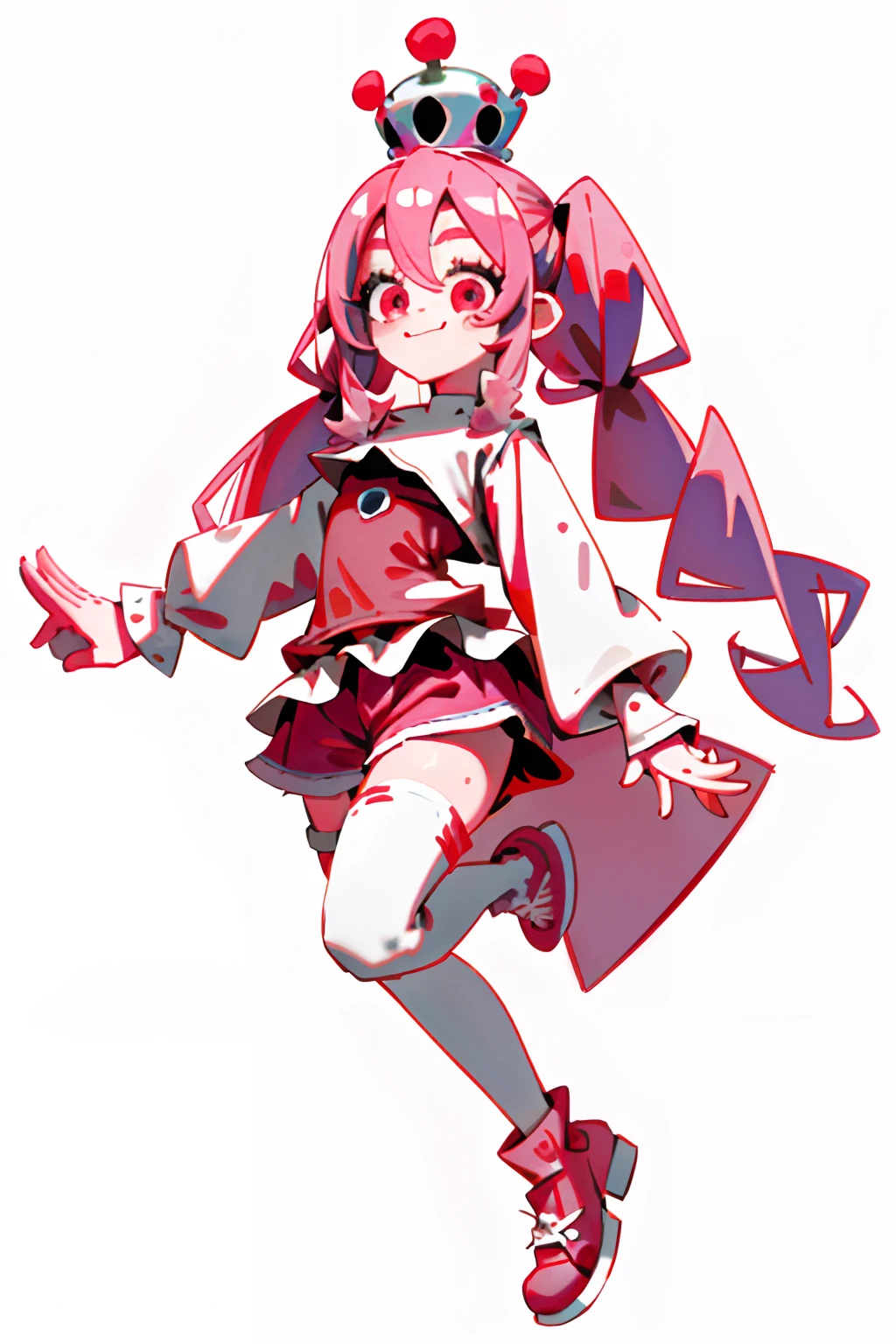 Crazy, girl, long hair, curly hair, pink hair, full body picture, pink eyes, heart shaped pupils, insane smile, blood splatter, 1GIRL, insane girl in long pink hair, crown, princess bubblegum style, finely detailed, (best quality), (intricate details), cute style, loli, jester style, multicolored, ((long pink messiest hair in pigtails)), best quality, ((long sleeve shirt and shorts)), ((red and white clothes)), ((jester style clothes)), ((thigh high socks)), ((round eyes)), ((has jester makeup)), beautiful face, happy, cute face, pinup, perfect face, simple background portrait, clowh hear cards, bubble gums