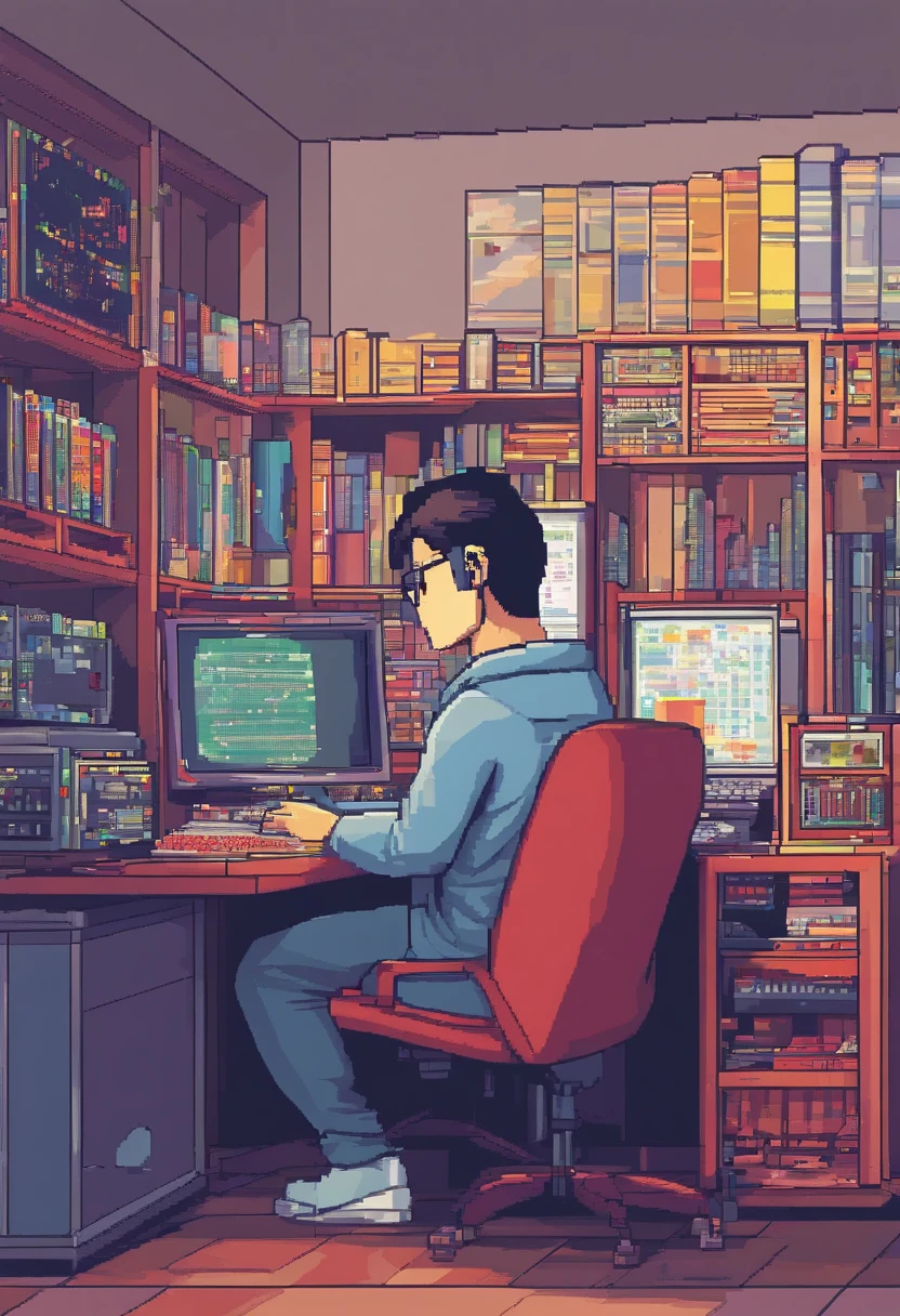 portrait of a asian programmer sitting front of computer, best quality, photorealistic, masterpiece
