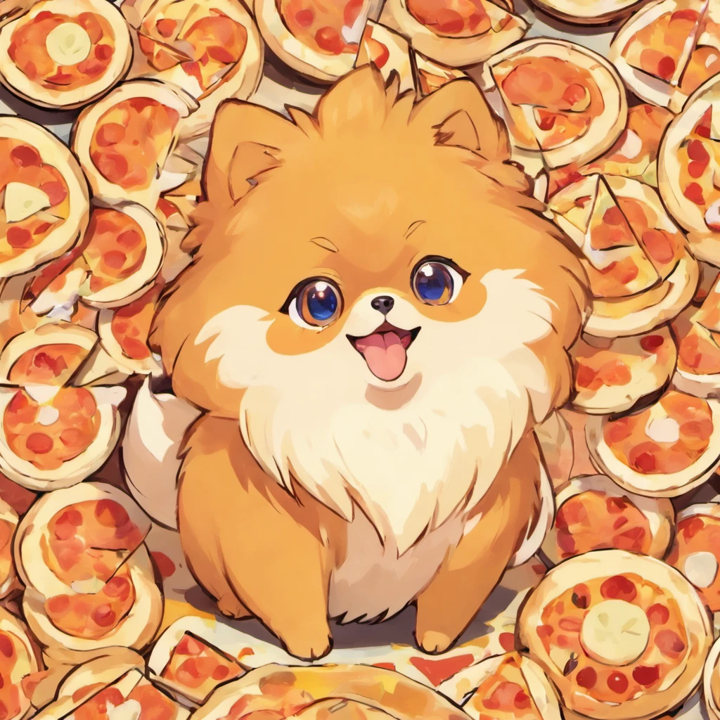 Orange Pomeranian,Eating pizza