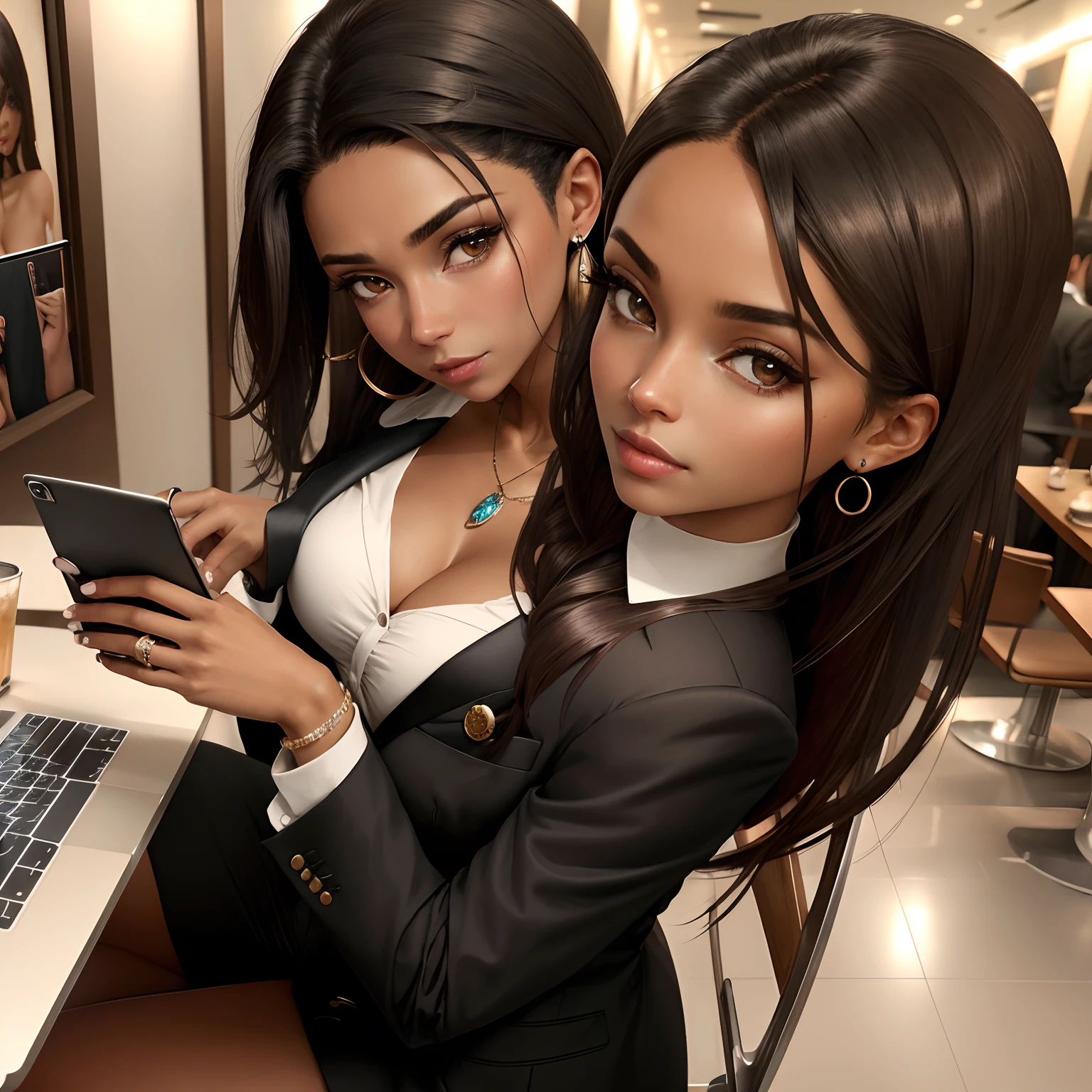 Crie uma imagem realista de uma mulher pele negra, with neck-length hair, ondulados, vestida de maneira formal, Wearing blazer and jewelry, clocks, sentada na frente de um MacBook tomando um cafezinho num ambiente sofisticado. Holding the mobile phone and showing various sale notifications on the screen