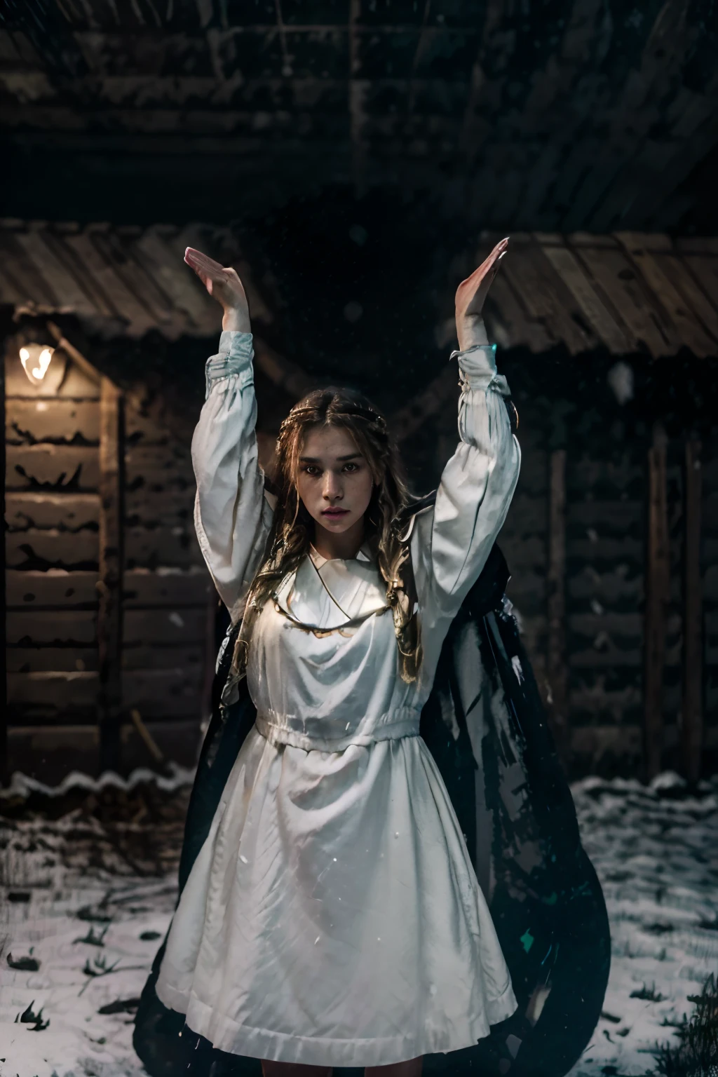 (best quality, highres, ultra-detailed), (HDR), (realistic:1.37), a woman with blond hair tied in a braid wearing classic Slavic white dress and black cape with arms raised up, standing, dark winter night, snowing, dark theme full body magic medieval dark theme mistery