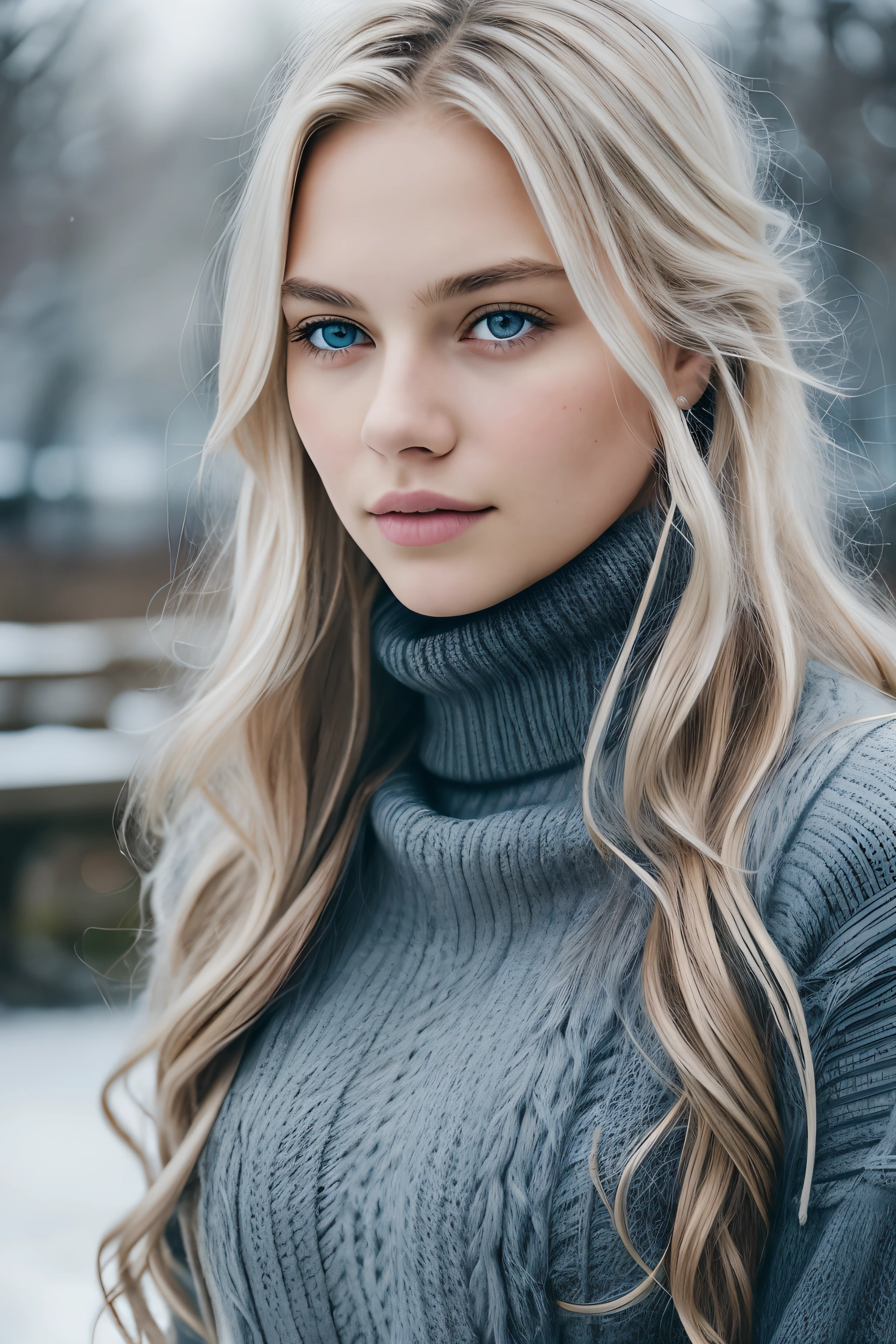 ((1girl in, age19, Solo, Long wavy blond hair, messy wind blown hair, blondehair, (dark blue eyes), Colossal tits, full body shot, (textured skin, skin pores:1.1))), imperfect skin, goosebumps, in a city park, stone bench, snow, (brown winter jackte: 1.2), (grey turtle neck), (dark blue jeans), (extremely detailed 8k wallpaper), soft lighting, high quality, film grain, Fujifilm XT3 sharp focus, f 2.6, 135mm, High Detail, Sharp focus,(natural light), (seductive), Realistic, ultra realistic, photo realistic, crazy details, complex details, hyper detailed