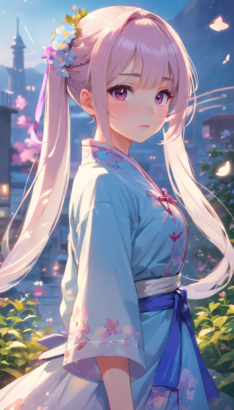 Q version,bit girl,Elaborate Eyes,largeeyes。Dynamic Angle, ((Pose all over the body:1.5), (Colorful:1.2), (Extremely detailed CG Unity 16k wallpaper:1.1), (Noise Removal Strength: 1.45), (tmasterpiece:1.37), ((offcial art)), (Colorful:1.2), (Bare shoulders:0.85), ((terrazzo, Starry sky, (( 8K wallpaper)), Starry background, Ultra detailed, Beautiful and aesthetic, Beautiful, ultraclear, Best quality)), 1girll, (in clouds of smoke:1.1), (Dynamic smoke is everywhere:1.4), (1 Chinese pattern in the middle of the girl's forehead),white colors,double-ponytail,The two sides of the Baotou are round,Double ponytails come out of the round bun,The bangs on the right have braids,There are braids on the right,There is a small pinch of long hair on the right side of the long hair,There is an X-clamp,Neck side,A girl with a weak temperament, (epic cinematic), Soft natural light, rim-light, Absurd, Amazing, Funny, 复杂, ultra - detailed, Pink flowers, White, Pink flowers, Full-body image, Shen Lixin, ((Lace-up thigh boots)), full bodyesbian, Blunt bangs, a white long skirt,Printed with purple flowers and a blue veil adorned coat, (( brownfootwear)), White long sleeves, cross-laced footwear, side locks, Pale yellow hat, Red print white pantyhose, Yellow and blue flowers, Ayaka Kamisato , (Besis heroin), Slim, Ul, pastelcolor, god light, Sparkle, Glowing light, ((Masterpiece)), ((Best quality)), Masterpiece, Best quality, hyper HD, Award-Awarded,Long white hair