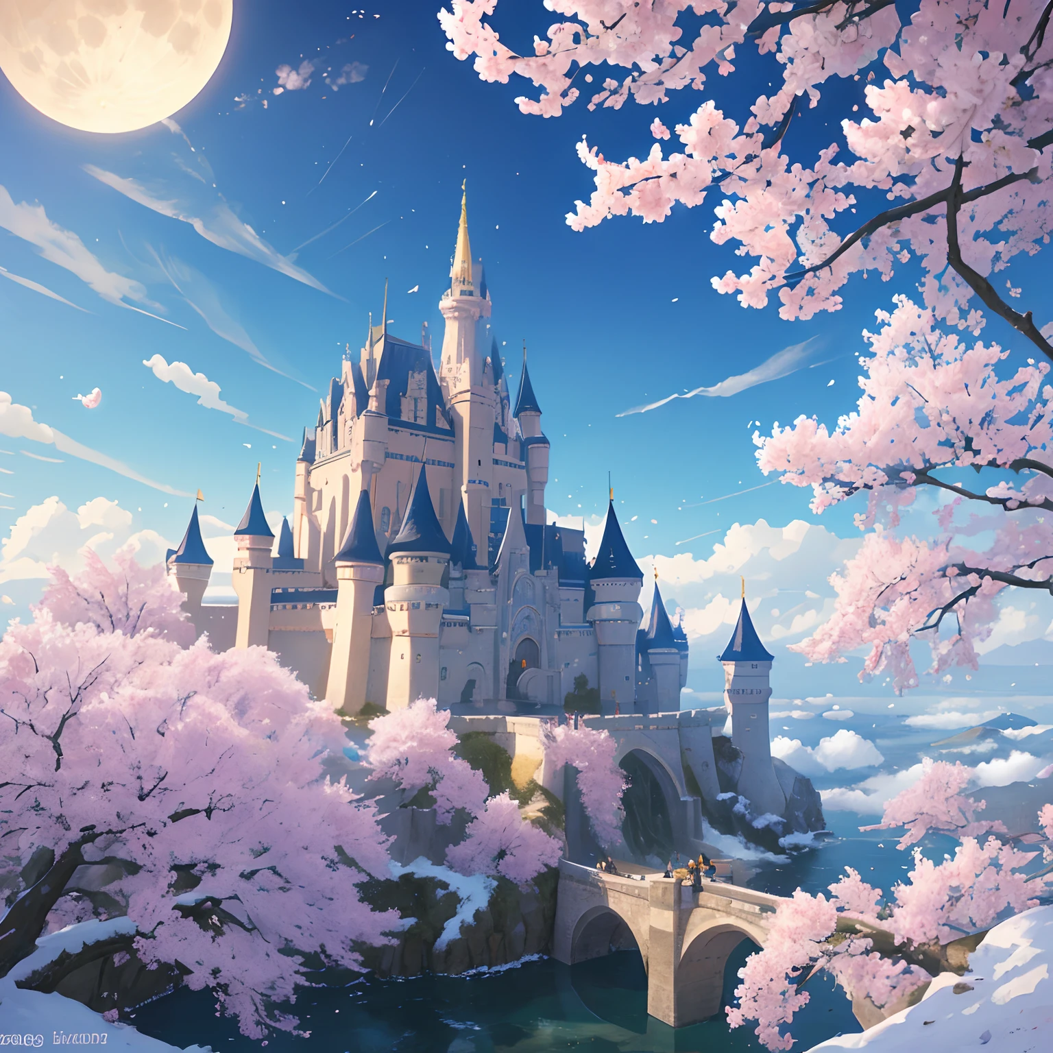 ​masterpiece、hightquality、Realistic、landscape shot、life-like、A detailed、Like the photo、Castle shining in the sky、Castle of the God of the Sky、Castle in the Sky、Flying Castle、Castle of Glory、Castle above the clouds、The cherry tree々A lush castle surrounded by、Sakura blizzard、Falling waterfall、a moon