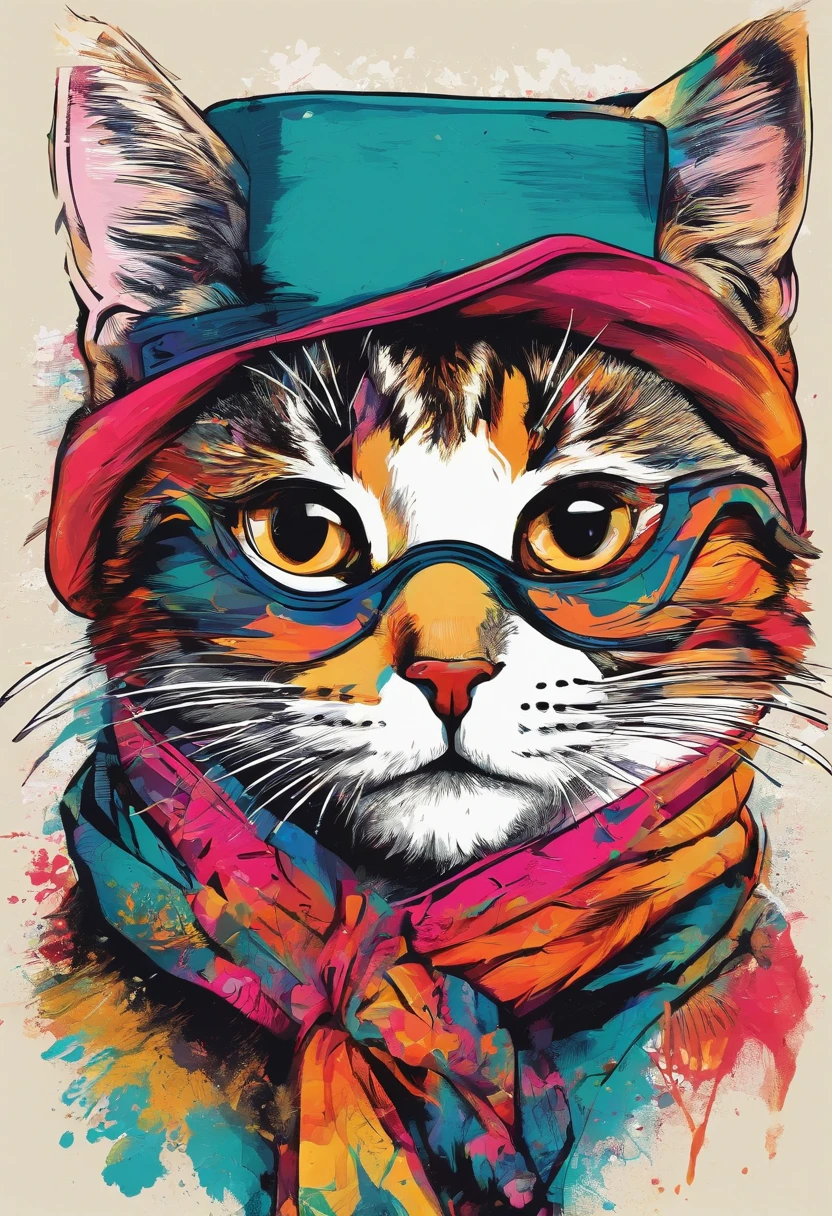 a painting of a cat wearing a hat and scarf, trending on art station, Vestido com roupas punk, detailed hyper-realistic rendering, British gang member, estilo de rua, pose intimidadora, Planeta dos Gatos, roupas com moda, samurai urbano, miau, West Slavic features, 8 1 5, Animacoes