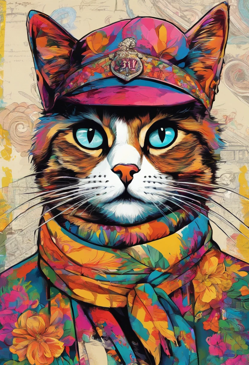 a painting of a cat wearing a hat and scarf, trending on art station, Vestido com roupas punk, detailed hyper-realistic rendering, British gang member, estilo de rua, pose intimidadora, Planeta dos Gatos, roupas com moda, samurai urbano, miau, West Slavic features, 8 1 5, Animacoes