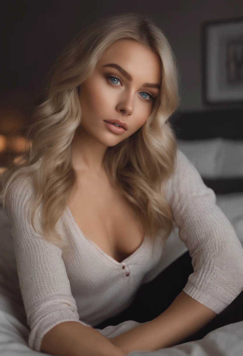 arafed woman fully , 23 years old, sexy girl with blue eyes, ultra realistic, meticulously detailed, portrait sophie mudd, blonde hair and large eyes, selfie of a young woman, bedroom eyes, violet myers, without makeup, natural makeup, looking directly at the camera, face with artgram, subtle makeup, stunning full body shot kneeling on bed, in bedroom, medium to large size bust