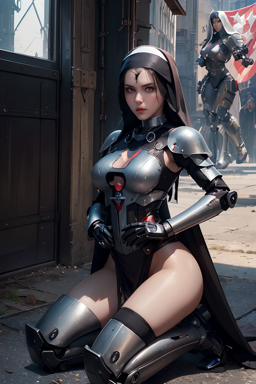 a beautiful battle nun with a war flag. (nuns habit style:1.4) (black mecha body armor with silver decoration:1.3). (best quality, masterpiece, perfect face), 1girl, narrow waist, large breasts, skinny, long messy black hair, gloves, carbon fiber mechanical arms, naked tabard, mecha armor, cyberpunk post apocalyptic street. sci fi. sexy.  sideboob, underboob. hard . (in the style of jakub ruszalsky, greg rutkowski). glaring at camera with captivating eyes. shiny red generous lips. elegant and sexy, violent and erotic. hyperdetailed.
(full length view:1.6)( rear  view:1.2) (dynamic combat pose) (kneeling:1.6) (battle banner:1.4)