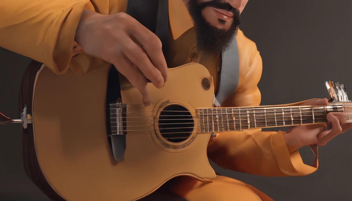 Crie uma imagem de um homem careca com barba mediana preta tocando guitarra