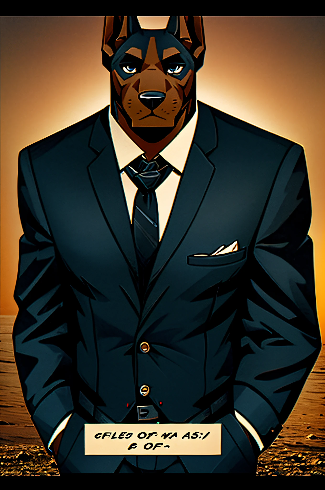 (Man in black suit and tie)comic strip、Anthropomorphic Doberman dog、cyberpunked、Vintage Sepia Photography