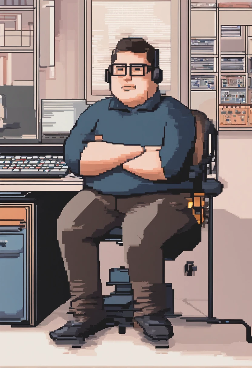 portrait of a chubby programmer sitting front of computer, best quality, photorealistic, masterpiece