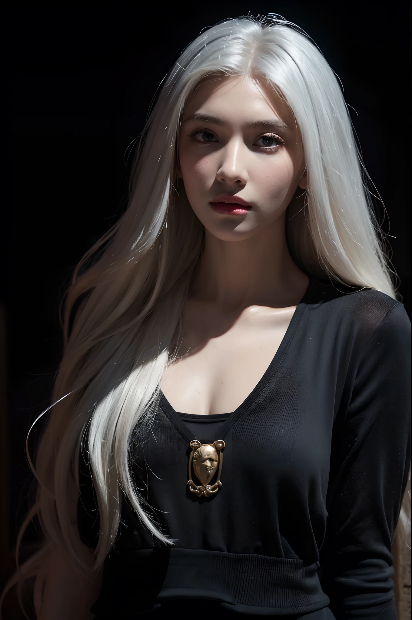 (front focus),(in the dark:1.6), Hyperrealist portrait of female by david hockney and alphonse mucha,fantasy art, photo realistic, dynamic lighting, artstation, poster, volumetric lighting, very detailed faces, 4 k, award winning,, 1girl, in the dark, deep shadow, low key,cowboy shot,(official clothing:1.4) ,long hair,white hair,