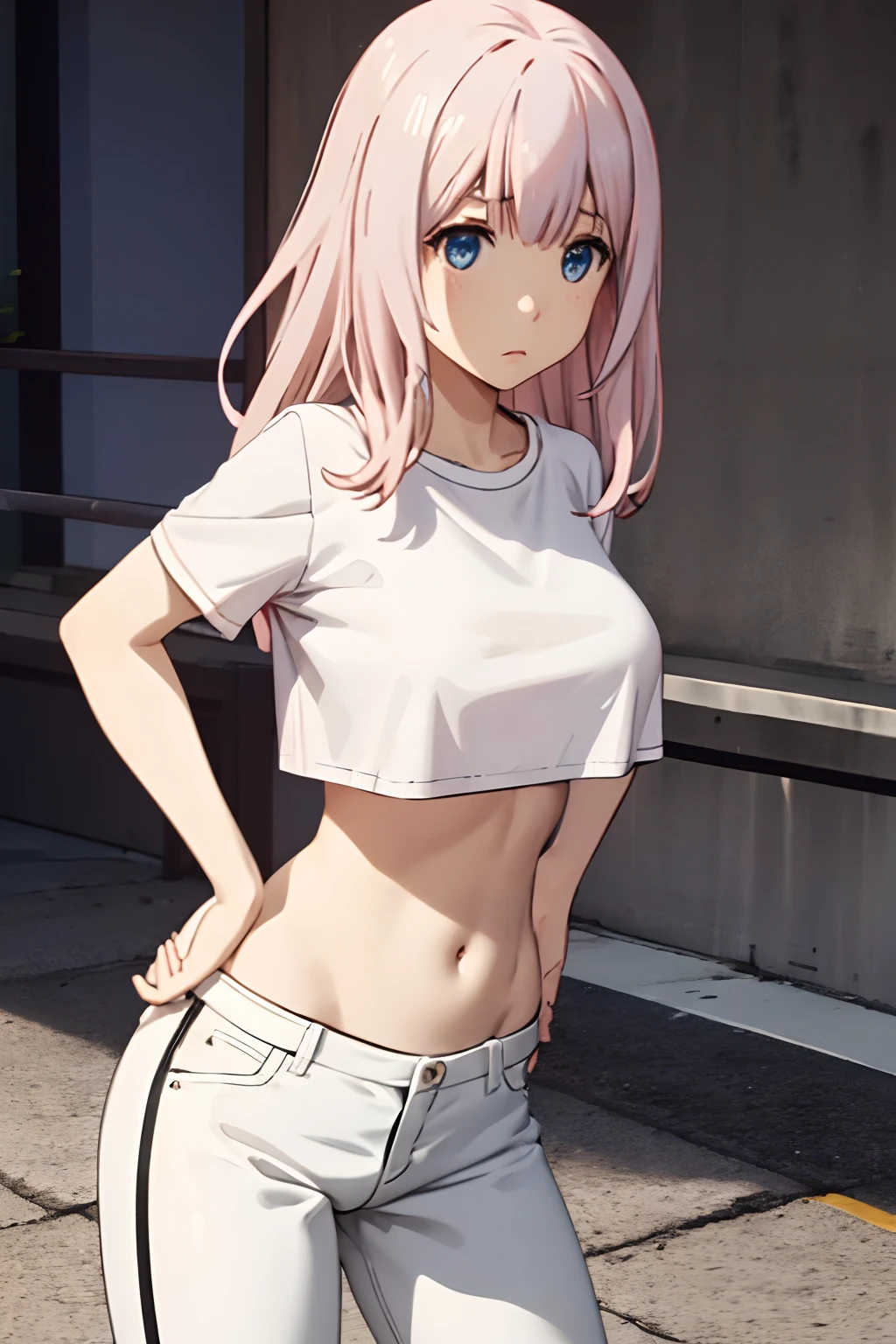 realisticlying、*** 1 人、Pink hair、length hair、Small black ribbon、radiant eyes、(Colossal tits:1.2), White T-shirt, croptop, leather pant、Shoot head-on, Open your crotch wide, Hands on the buttocks