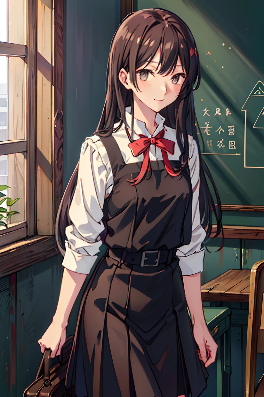 ((masterpiece,best quality)), highres, extremely detailed 8K wallpaper, depth_of_field, cowboy shot, solo, 1girl, (nanami_touko_yagatekimininaru, long hair, black hair, gray eyes:1.4), smile, slender, skinny, medium breasts, bangs, , school uniform, white sailor collar, brown jacket, brown sleeves, red bow, red ribbon, black shirt, belt, classroom, night,