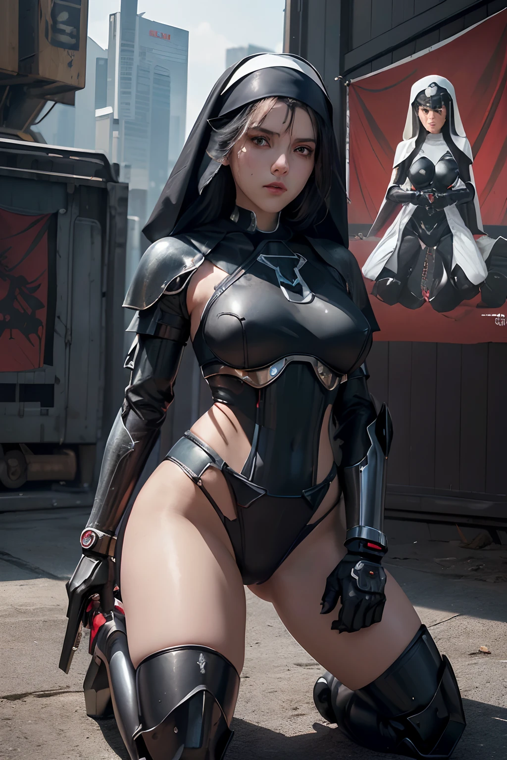 a beautiful battle nun with a war flag. (nuns habit style:1.4) (black mecha body armor with silver decoration:1.3). (best quality, masterpiece, perfect face), 1girl, narrow waist, large breasts, skinny, long messy black hair, gloves, carbon fiber mechanical arms, naked tabard, mecha armor, cyberpunk post apocalyptic street. sci fi. sexy. sideboob, underboob. hard . (in the style of jakub ruszalsky, greg rutkowski). glaring at camera with captivating eyes. shiny red generous lips. elegant and sexy, violent and erotic. hyperdetailed.
(full length view:1.6)( rear view:1.2) (dynamic combat pose) (kneeling:1.6) (battle banner:1.4)