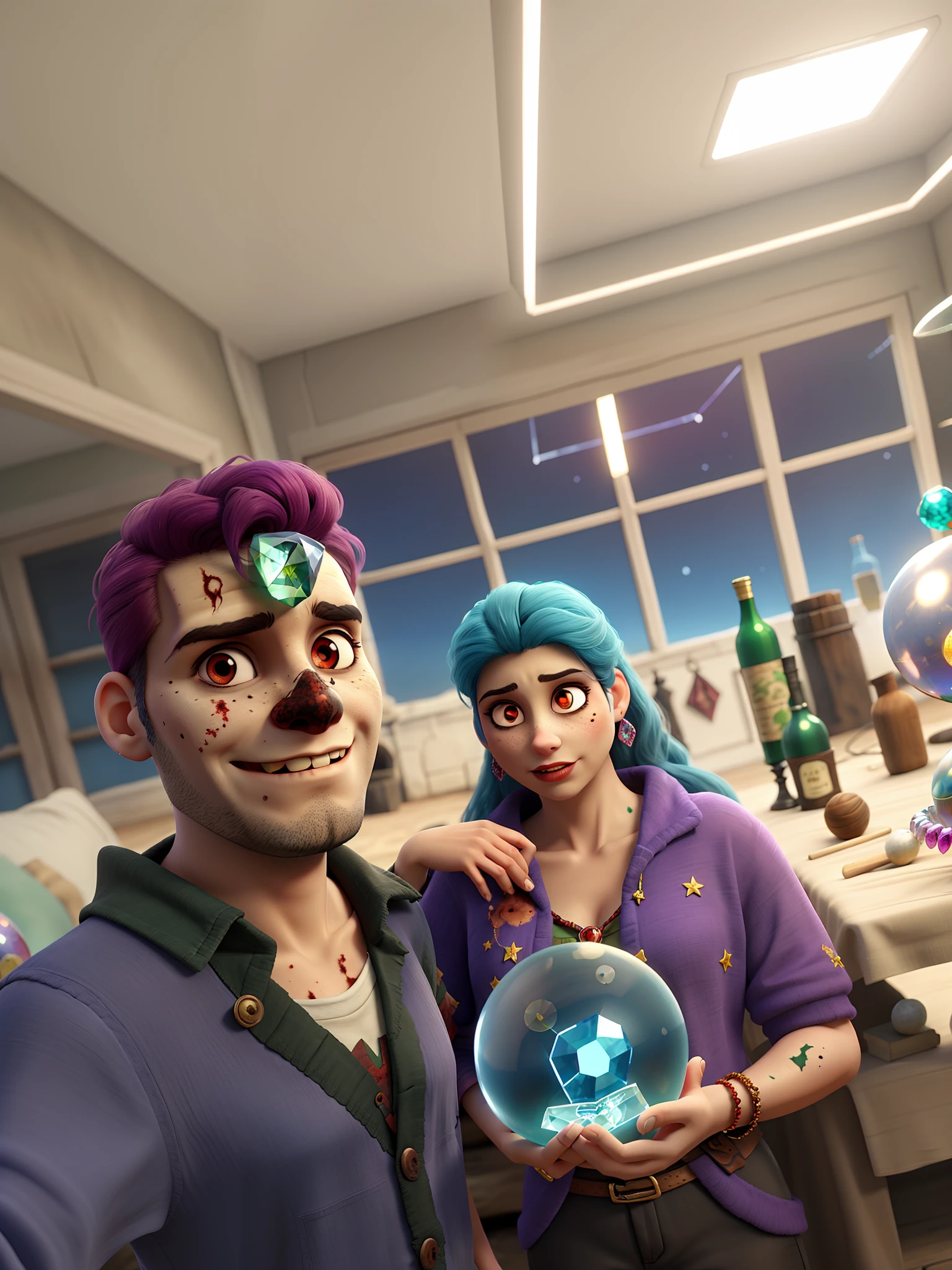 Zombie next to a gypsy woman with a crystal ball in her hands