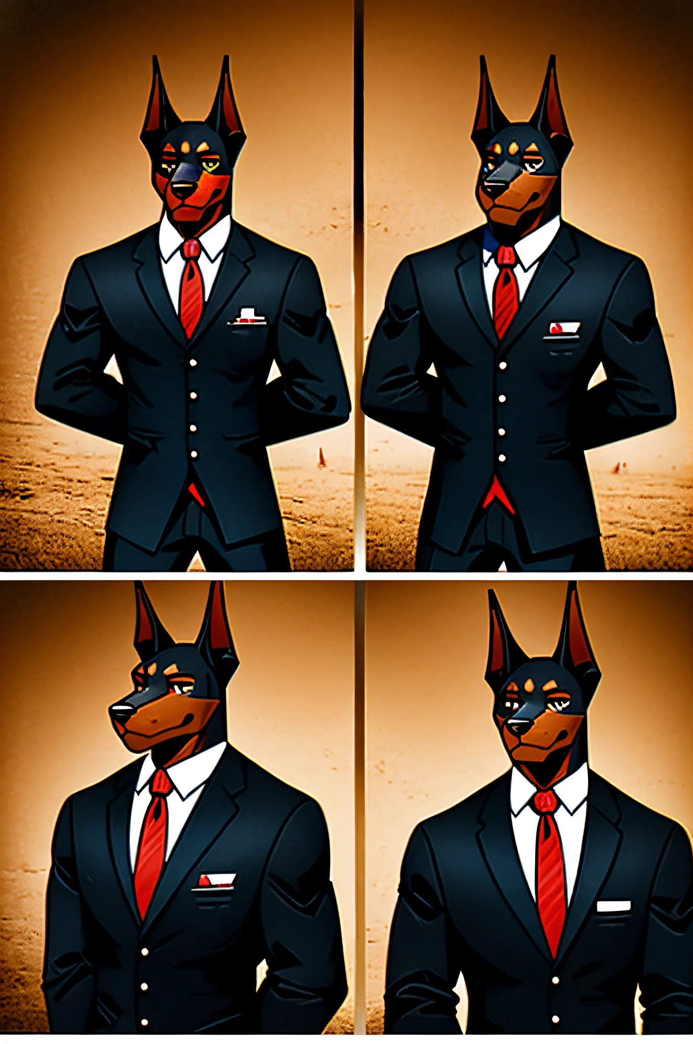(Man in black suit and tie)comic strip、Anthropomorphic Doberman dog、cyberpunked、Vintage Sepia Photography