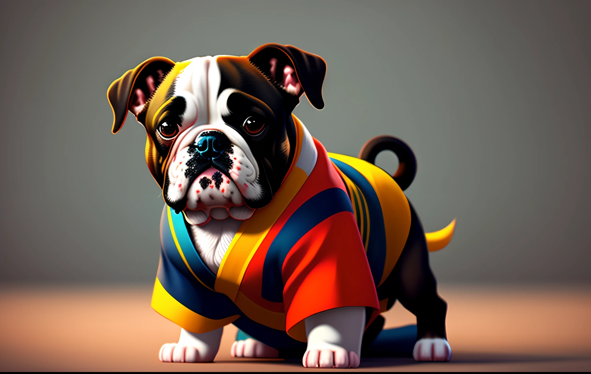 The 3d artwork  8k of cute bulldog American do ,wearing detailed details back kimono with Black Belt  and Brazil flag on the t-shirt full of vitality,
Background of the image Black with thunders
study 3d game art, fisheye 
lens,C4D,blender,octane rendering,