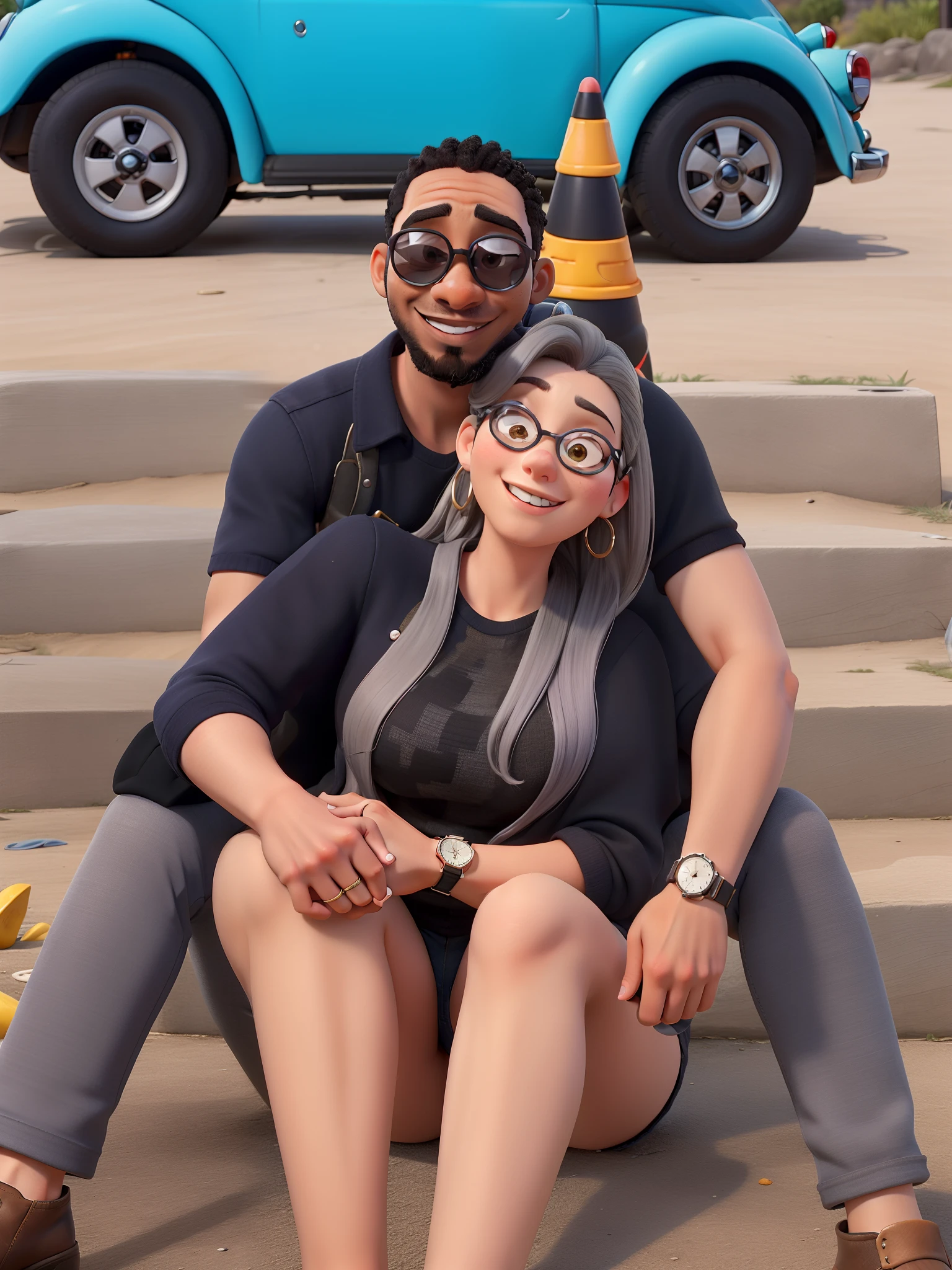 obra-prima, de melhor qualidade, um casal de namorados sorrindo, sentados nos degraus de uma escada, Black man wearing sunglasses, cabelo cortado baixo, pouca barba, with watch on left wrist, camiseta preta, grey pants, mulher usando roupa preta, cabelo castanho claro, with pink watch on left wrist, With bracelets and rings on the right hand, copo de cerveja na frente da mulher entre as pernas, Behind them, a blue mini VW Beetle and a black and yellow striped traffic cone