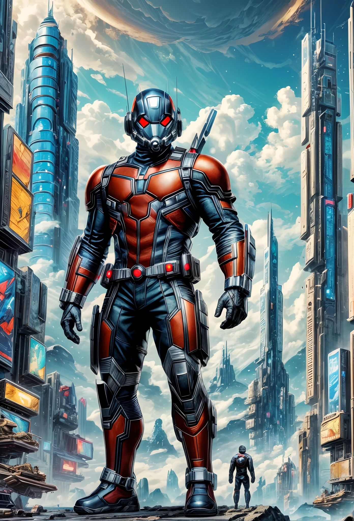 Heroes of the Marvel Universe,Giant cyberpunk Ant-Man,Standing tall in a futuristic sci-fi mini-city,a tall body,Towering over the landscape,Tiny futuristic city streets are right at Ant-Man's feet,It looks small,Very small earth,The clouds are over Ant-Man's waist,Tokusatsu,(Ghibli-like colors, Chiaroscuro, Wide-angle, hyper HD, Masterpiece, ccurate, Anatomically correct, Textured skin, Super detail, High details, High quality, Award-Awarded, Best quality, 8K)