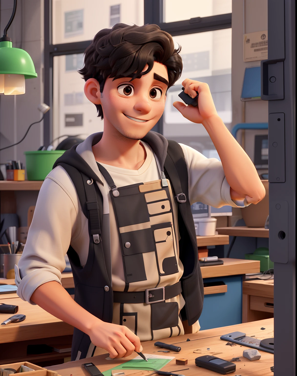 absurd resolution, high resolution, (master part: 1.4), hiper-detalhe, messy short black hair of young man, soldador vestido, olhar sorridente, factory high-tech workbench, Technology detection screen