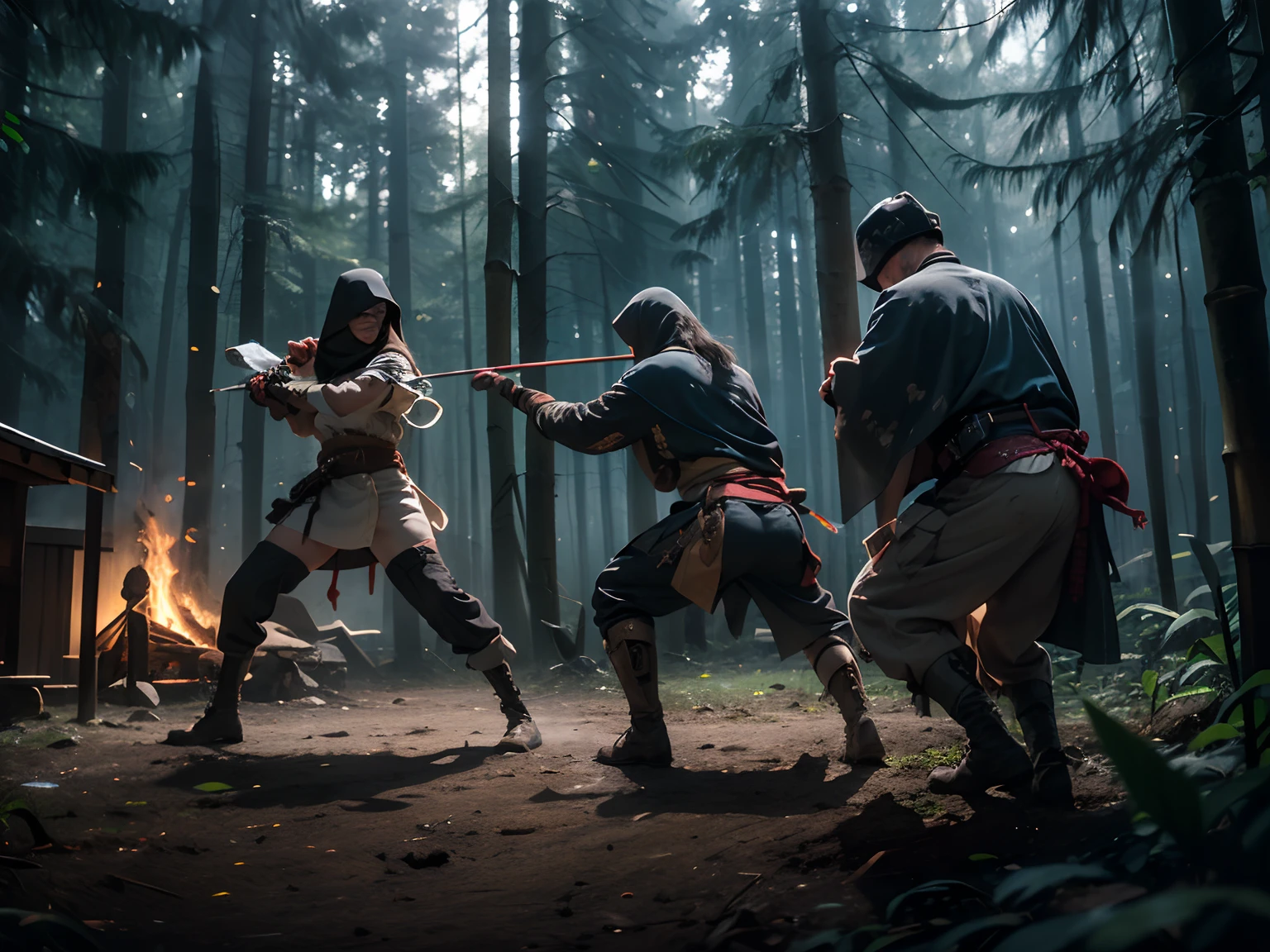 (Two robbers attacking samurai), ( robbers: dynamic poses, dirty clothes,poor, dark capes, no armor,archer, mace),( samurai: blue kimona, long hair, wounded), (background: wooden shelter in dark bamboo forest, campfire, muddy ground )