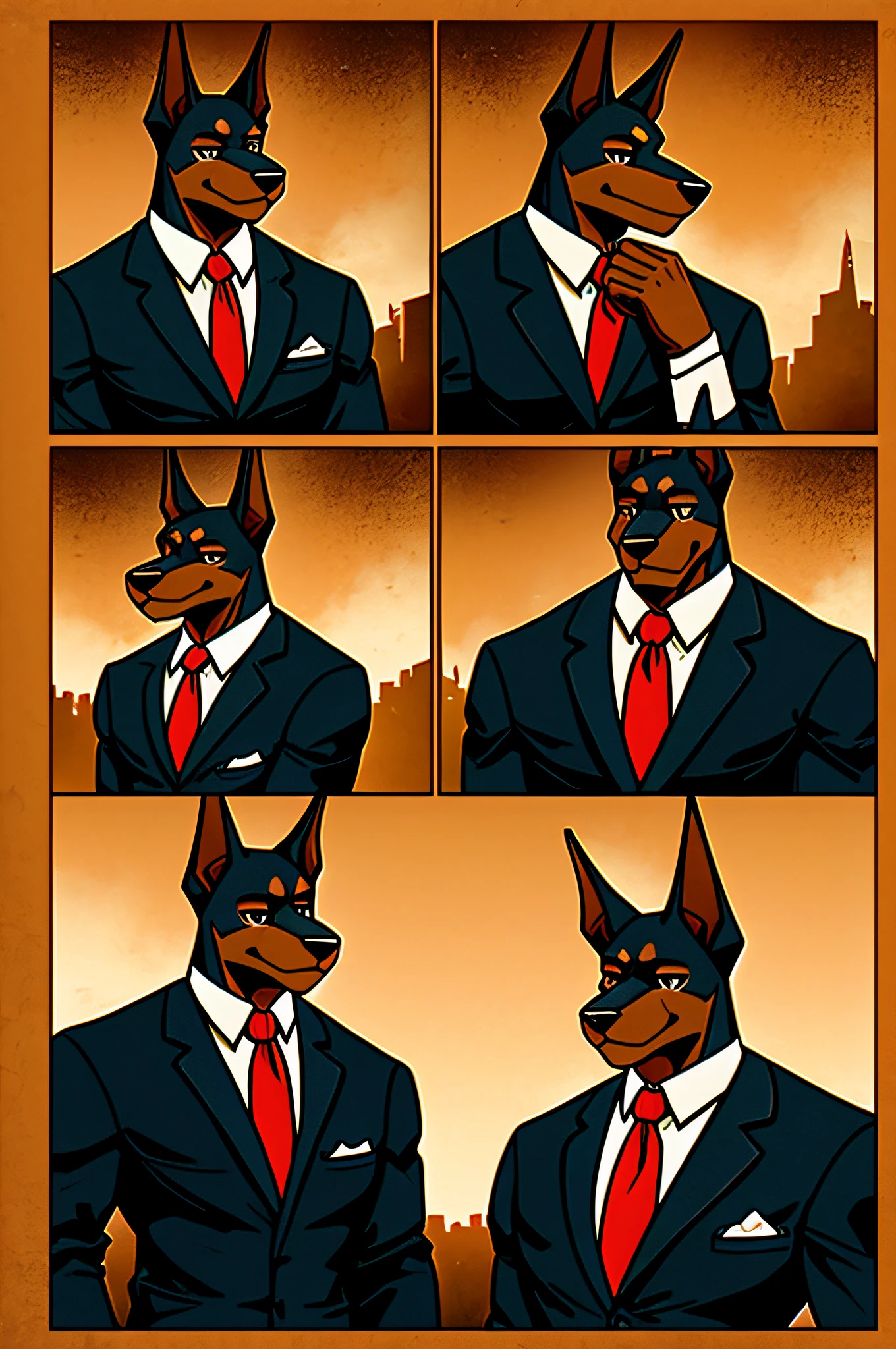 (Man in black suit and tie)comic strip、Anthropomorphic Doberman dog、cyberpunked、Vintage Sepia Photography
