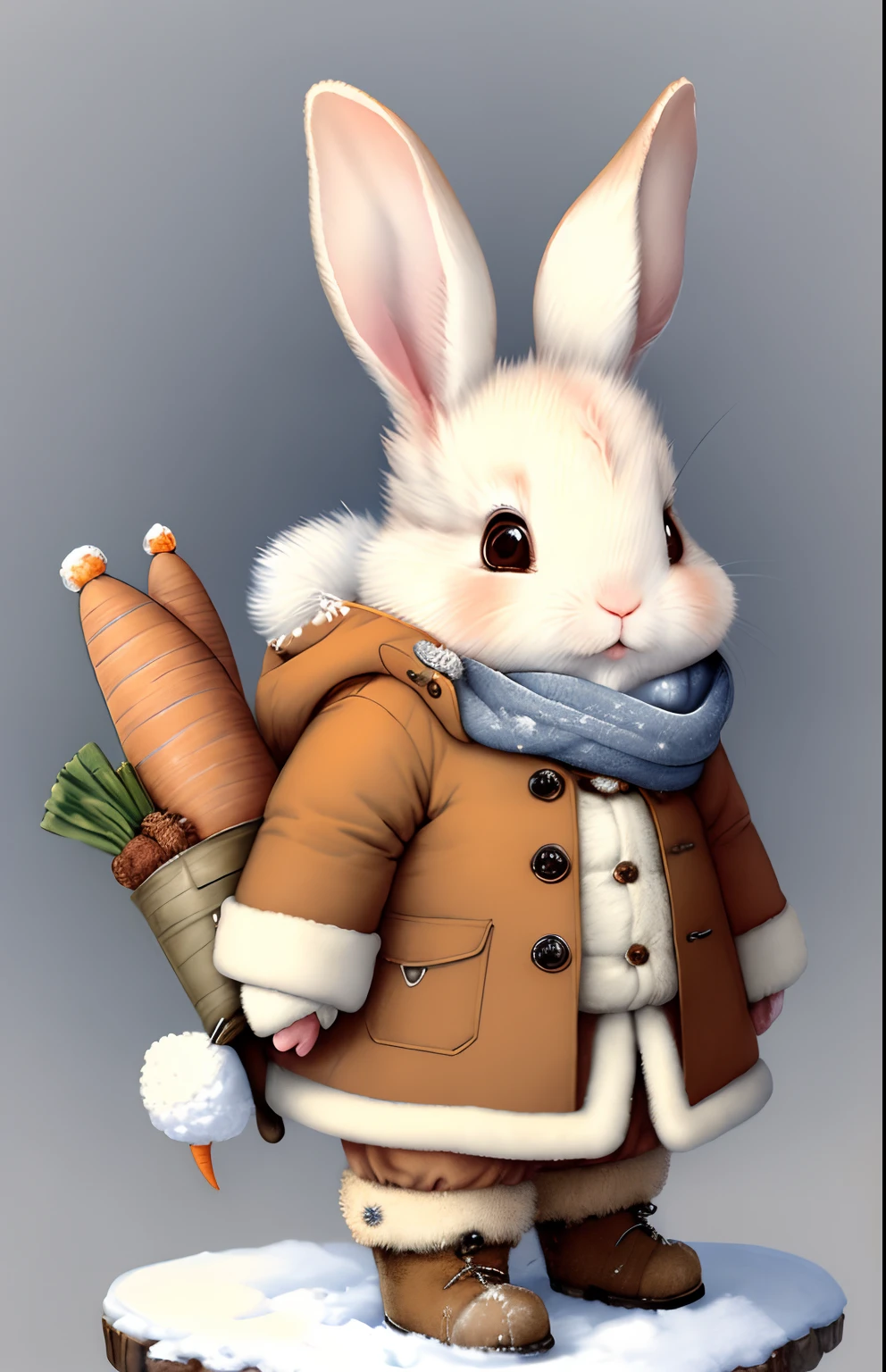 Painting by Jean-Baptiste Monge depicting a small fluffy rabbit with a carrot, Dressed in warm coat with rescue gear on winter day with snow, , jean - baptiste monge, anthropomorphic --ar 2:3 --testp -optimistic;