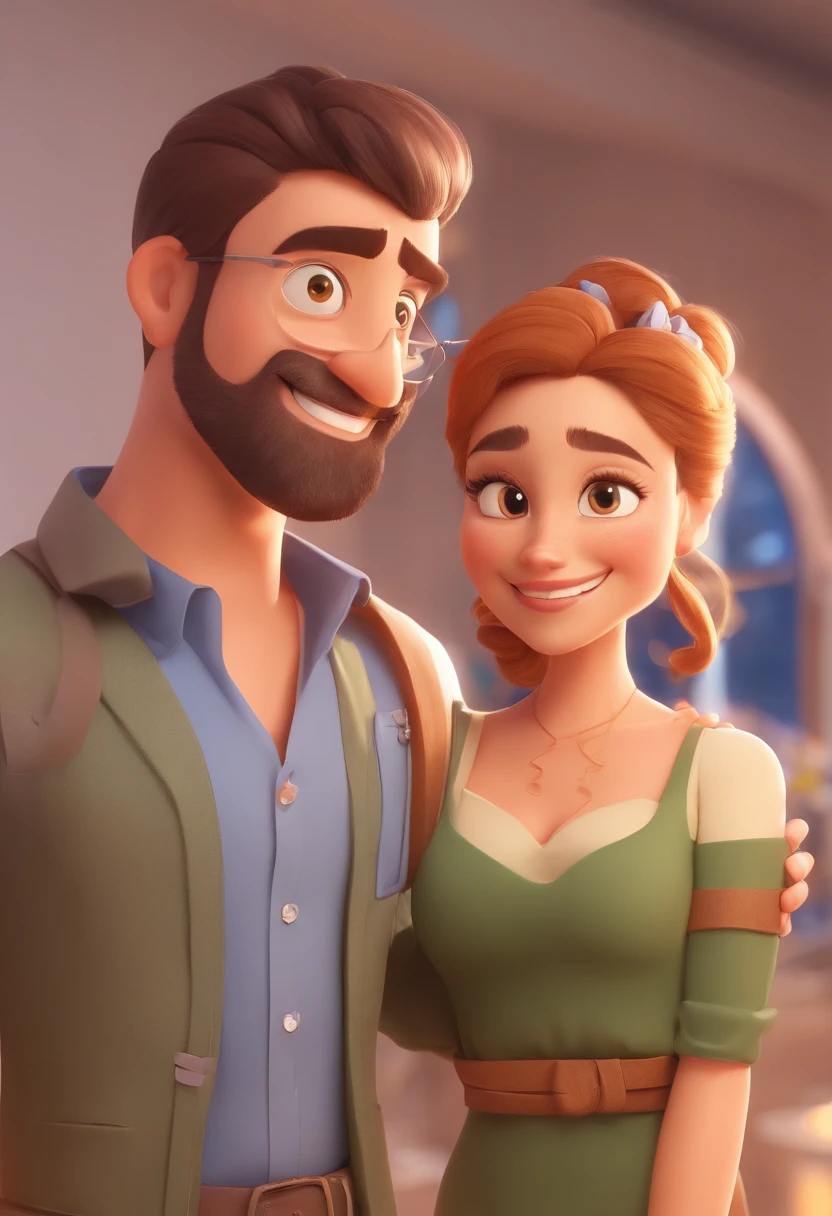 An illustration of an adorable couple, Destacando um homem e uma mulher com beleza, Expressive eyes – the man's hair is bald and brown and he has a full beard, While the woman's hair is tied up in a bun and blonde. They are a bright space, Todos com um sorriso no rosto, e compartilhe um momento especial, That is marked by love, viagem, and pedagogical insights. Ilustre esta cena a partir de uma perspectiva, where they're facing away from the camera, Show Your Connection. Desenvolva esta arte em Full HD, Focus on your cinematic touch, Estilo Disney Pixar Animations