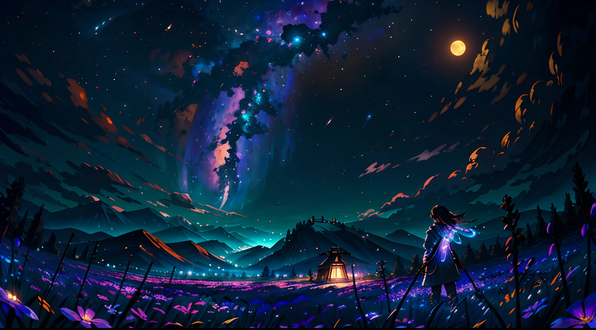 expansive landscape photograph , (a view from below that shows sky above and open field below), a girl standing on flower field looking up, (full moon:1.2), ( shooting stars:0.9), (nebula:1.3), distant mountain, tree BREAK
production art, (warm light source:1.2), (Firefly:1.2), lamp, lot of purple and orange, intricate details, volumetric lighting BREAK
(masterpiece:1.2), (best quality), 4k, ultra-detailed, (dynamic composition:1.4), highly detailed, colorful details,( iridescent colors:1.2), (glowing lighting, atmospheric lighting), dreamy, magical, (solo:1.2)