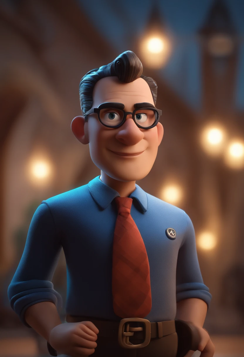 Cartoon character of a man wearing blue glasses and a black shirt with symbol of Mercedes Benz left side, um personagem animado, Caractere estilizado, animation style rendering, 3D estilizado, Arnold Maya render, 3 d render stylized, toon render keyshot, Personagem 3D, Personagem 3D, 3d rendering stylized, 3 d character render, personagem de desenho animado, Personagem de close up, Pose de personagem, (Estilo Pixar) (master part:1.2) (Bokeh) (best quality) (pele detalhada) (textura detalhada) (8k) (argila) (Cinematic lighting) (foco nítido，Senta e vaza a parte superior do corpo