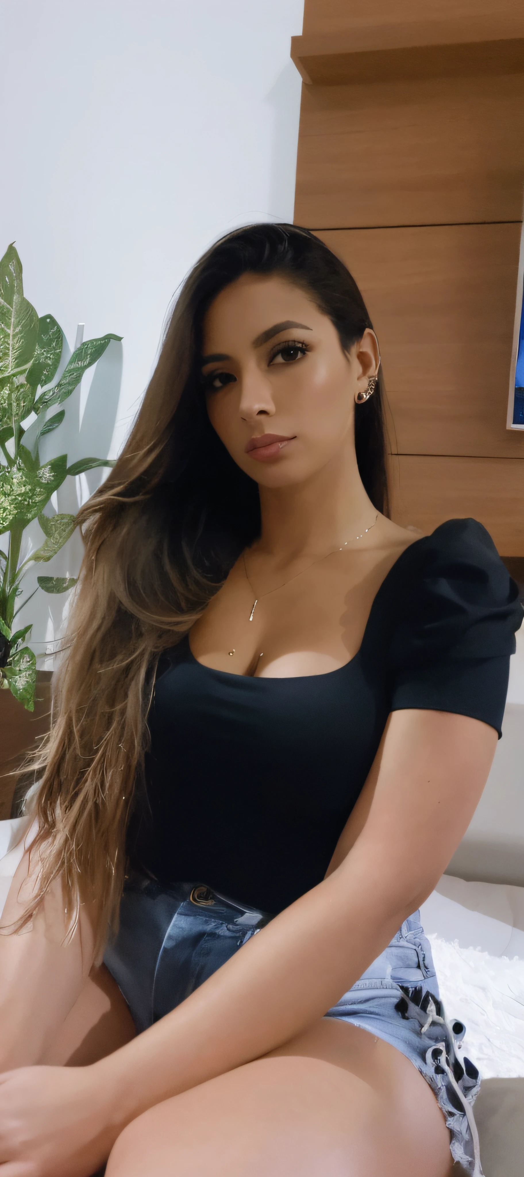 mulher araffe sentada em uma cama com um top preto e shorts azuis, fernanda suarez, Lorena Avarez, Mulher de 30 anos, 3 0 anos de idade mulher, Marischa Becker, tampo preto, Malika Favre, Parece Fabiula Nascimento, imagem de perfil, olhar sexy, Ayahausca, Alanis Guillen