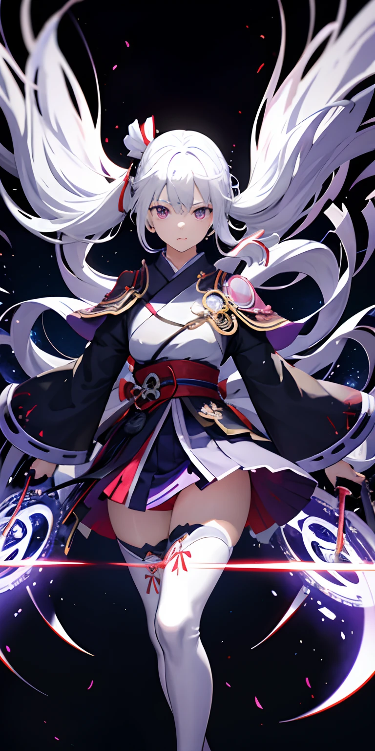 1girl, japanese clothes, ponytail ,white hair, purple eyes, magic circle, blue fire, blue flames, wallpaper, landscape, blood, blood splatter, depth of field, night, light particles, light rays, sidelighting, thighs, fate \(series\), genshin impact, ****, open jacket, skirt, thighhighs, cloud