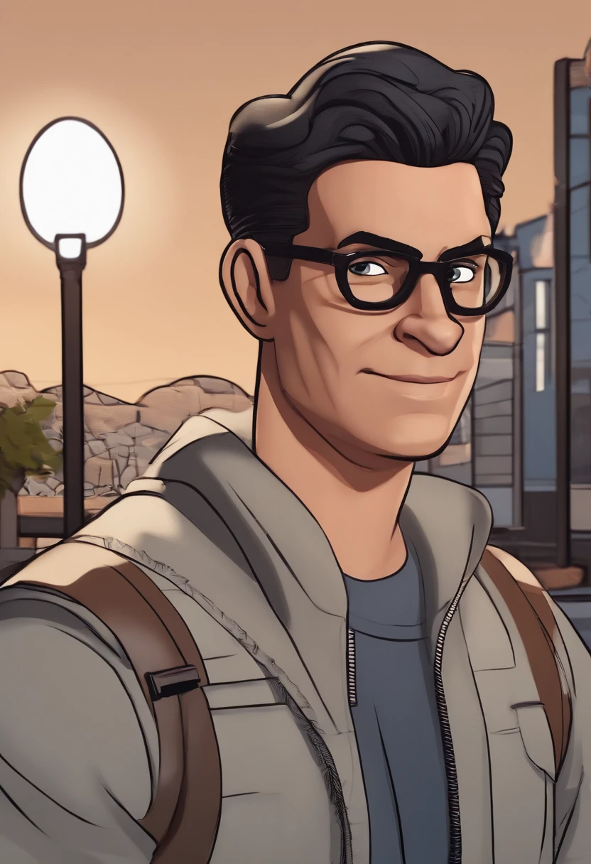 Cartoon character of a man wearing thin black glasses, uma camisa regata azul, uma bermuda cinza de moletom, a pair of black sneakers, A black watch, cabelo curto, cabelo preto, boca grande, orelha pequena, Tabby arms, barriga grande, um personagem animado, Caractere estilizado, animation style rendering, 3D estilizado, Arnold Maya render, 3 d render stylized, toon render keyshot, Personagem 3D, Personagem 3D, 3d rendering stylized, 3 d character render, personagem de desenho animado, Personagem de close up, Pose de personagem, (Estilo Pixar) (master part:1.2) (Bokeh) (best quality) (pele detalhada) (textura detalhada) (8k) (argila) (Cinematic lighting) (foco nítido,Senta e vaza a parte superior do corpo