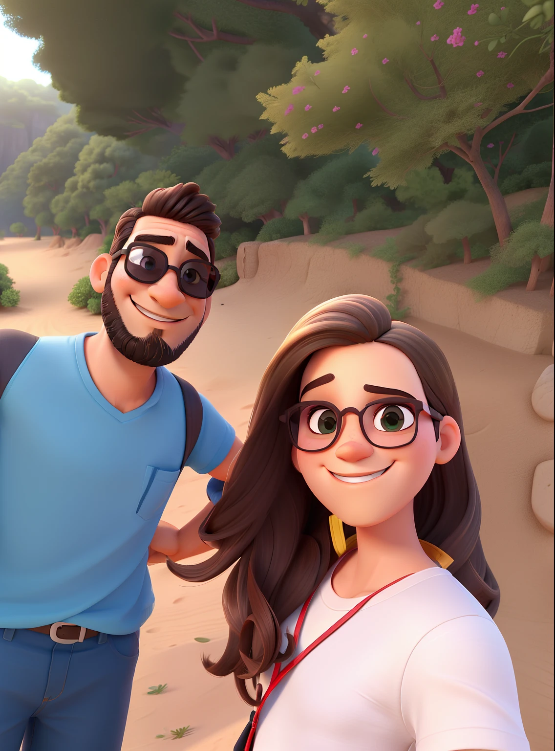 Um homem muito magro de rosto fino, com barba, Smile and sunglasses . Uma menina de rosto fino com cabelos longos e cacheados, Smile and with sunglasses. Um casal feliz na natureza. Estilo Pixar. alta qualidade