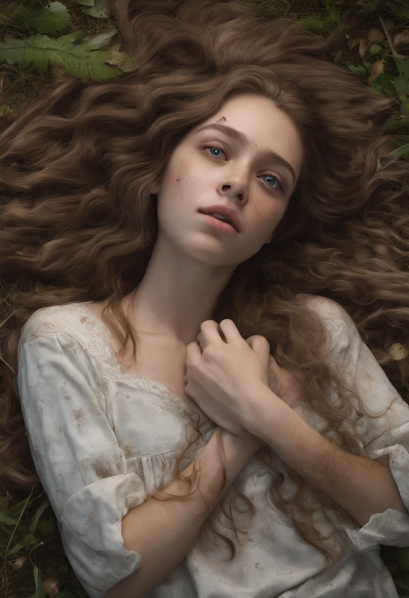 jovem mulher de 18 anos de cabelos brancos e pele branca, Lying on the floor of the Black Forest, semi nua e descabelada, The ground is cold and muddy, She's sad and has bruises all over her body, Your hands are perfect. There is no writing on the image, There's no text on the image