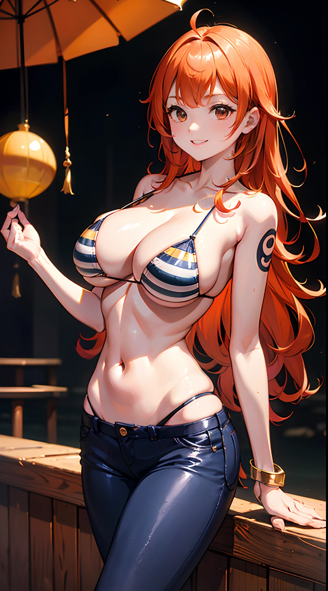 fullnude，Bust photo 21 year old girl,(Huge breasts:1.2),hyperbreasts,Breast Focus,Small and upright、Orange hair、 ,Striped bra,NSFW,POV,Paizuri,(cum on chest:1.3)(masutepiece),(Ultra-detailed),perfect-composition,photographical skin,Shiny skin,Shiny hair,100-layer-hair,photographical hair,Blunt bangs,(Black and double-sided hair:1.3),(1 girl 11 years old:1.3) ,Six-headed,Smile,Looking Up,(Large breasts:1.3),Underbust,(Cheeky little bitch:1.3),Red Eyes,(Tsurime:1.3),A mole under her right eye,She is showing her double teeth,(Posing:1.3),All smiles,Raw legs,(crotch seam:1.3),(Chic:1.2),(Lori:1.3),(With a simple background:1.3),