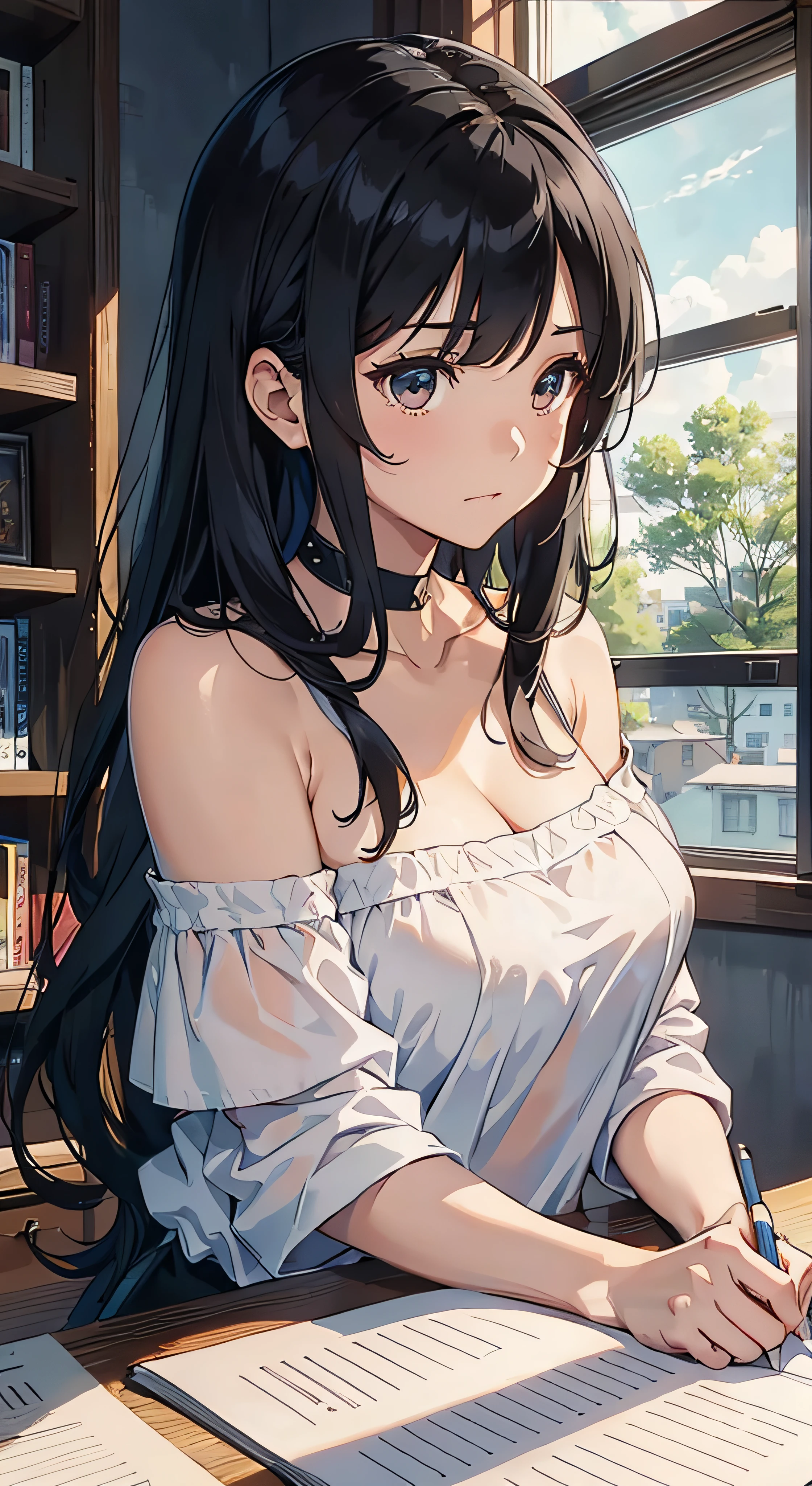 (masterpiece),(best quality),(Very detailed),(Enlightenment),(ultra high resolution)a girl,Off the shoulder dress,Smile,(Off the shoulder dresentor,black hair,Long straight hair,White shirt,mature woman,huge titrown,top down view,close-up,Bookshelf DSM)),(())
