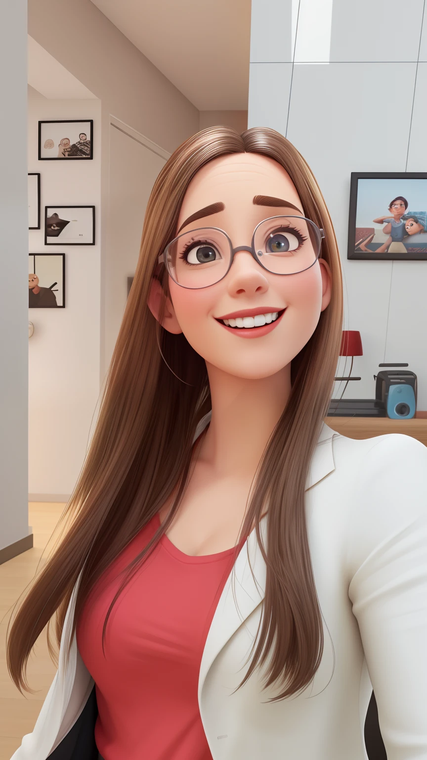 Uma mulher de 30 anos, com cabelos castanhos cumpridos, Rosto redondo, rosto redondo com sorriso encantador, e olhos castanhos, wearing glasses.  pixar animation