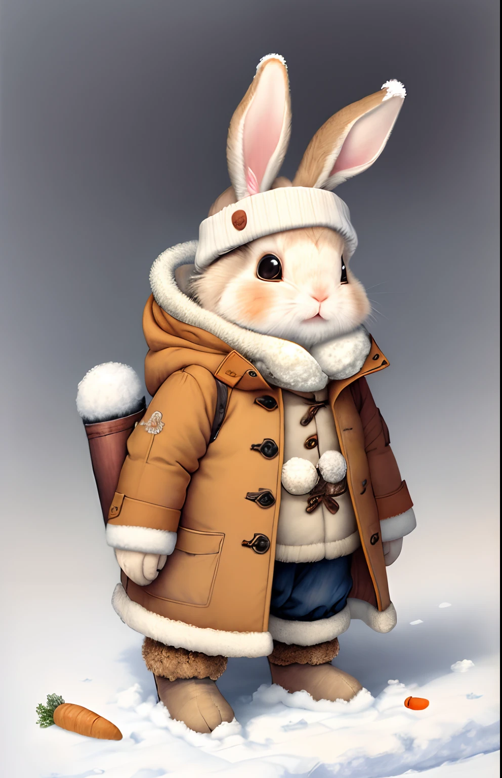 Painting by Jean-Baptiste Monge depicting a small fluffy rabbit with a carrot, Dressed in warm coat with rescue gear on winter day with snow, , jean - baptiste monge, anthropomorphic --ar 2:3 --testp -optimistic;