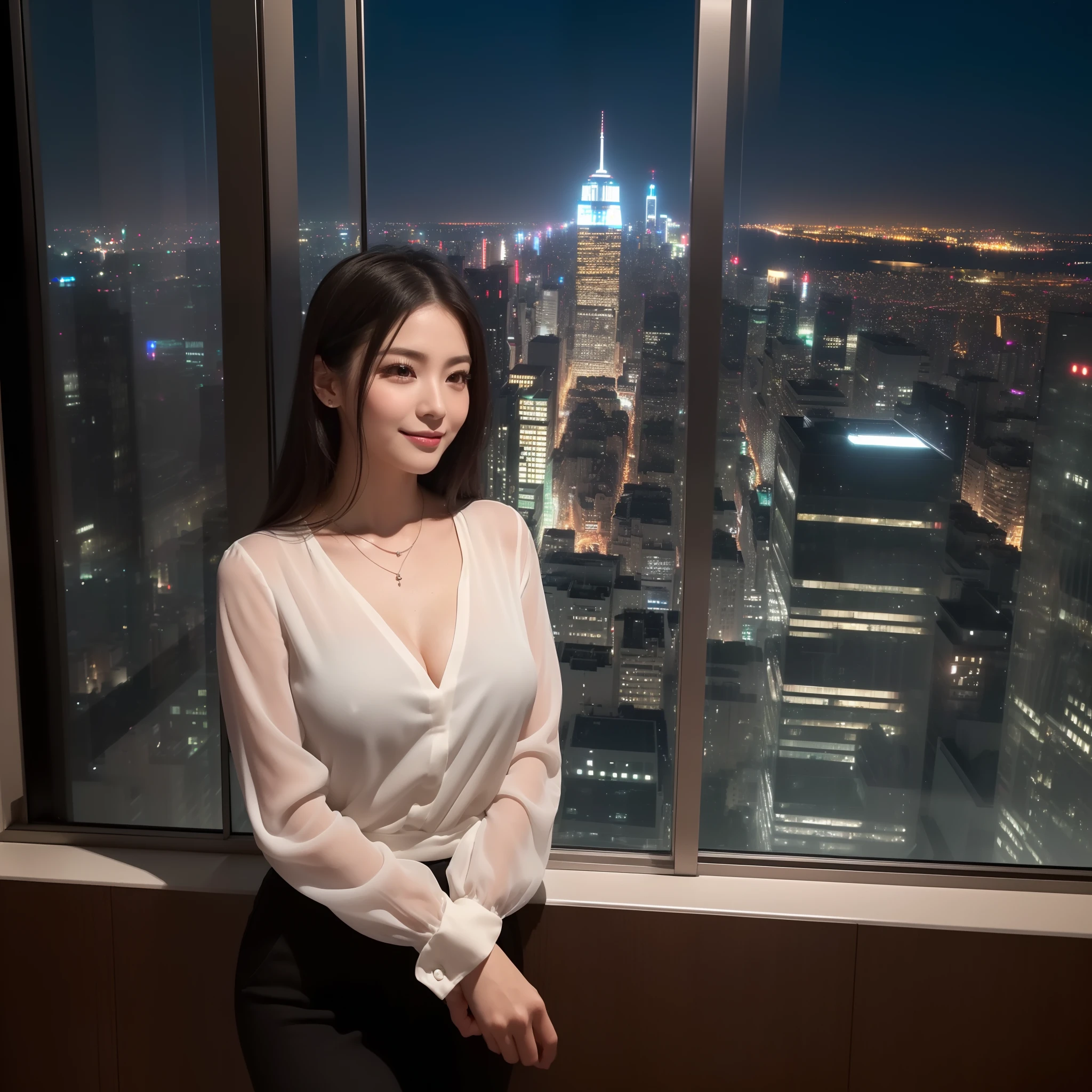 ((1人の女性,Beauty Secretary: 1,25-years old,Classy long-sleeved blouse,Classy pants,a necklace,Room in a tower apartment on the 40th floor,One huge window in the background,Huge windows,nighttime scene,Complex night scene,From the window, You can enjoy the view from the 40th floor,Faces close,Beautiful night view in the background,Midnight,Panoramic night view,Midnight view,Midnight,Looking at the camera,Shot from the waist up)),((Perfect makeup,Glossy lips,The most beautiful faces in Japan,long eyelashes,adultlike face,Adult beauties,Smile slightly,glamor,Beautiful lips,Perfect glossy lips,Faces close,Staring at this,Breasts are big)),((The best lighting for epic movies,super-fine,beautiful hairl,Detailed rooms in luxury apartments,Romantic night view,Complex night scene,Detailed night view,,super-fine,beautiful hairl,The most beautiful faces in Japan,View here,Perfect fingers,face perfect,细致背景,Fair skin,Crystal clear white skin,Perfect fingers,细致背景,top-quality,The ultra -The high-definition,Perfect Anatomy,high-definition RAW color photography,professional photograpy, Very delicate, Extremely detailed,finely detail, Huge file size,Top image quality,8K,Award-Winning Works,masutepiece,Professional filming,a high chroma))