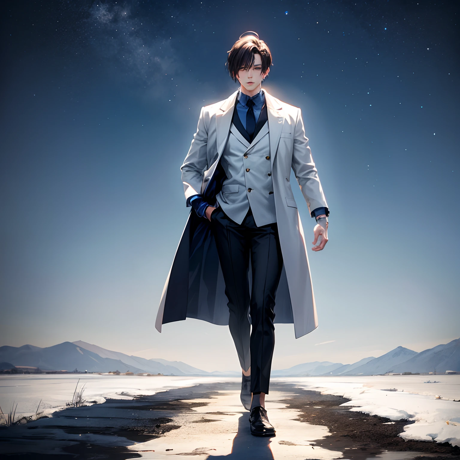 Male character wearing black pants and white coat,anime art style,Light bronze and gray,Realistic and ethereal,heavy shadow,extreme light,Deep sky blue and white