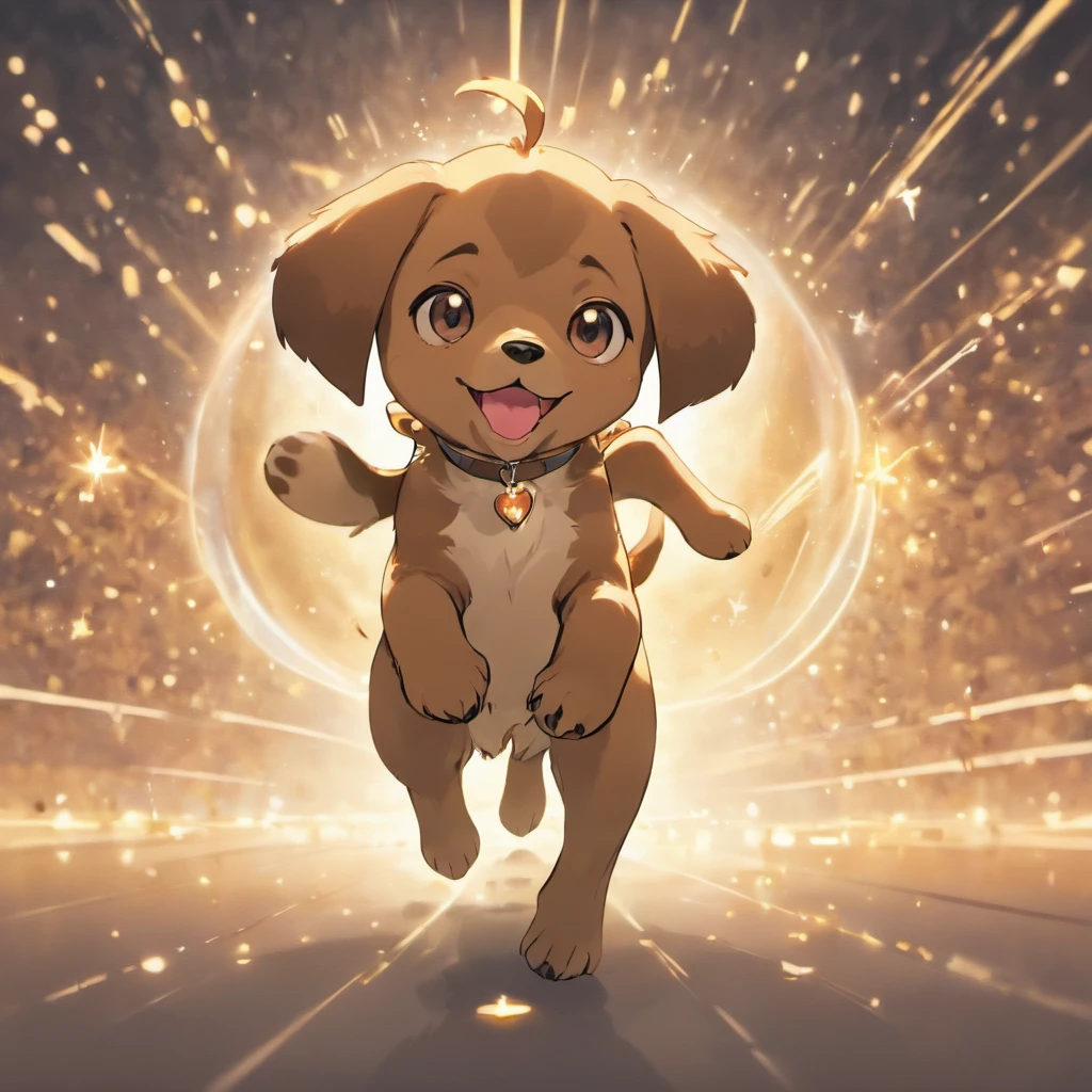 Brown puppy with white spots running after a glittering ball, drawing, 児童書
