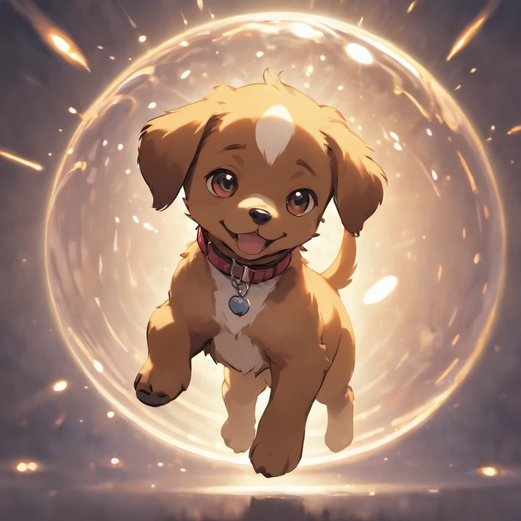 Brown puppy with white spots running after a glittering ball, drawing, 児童書