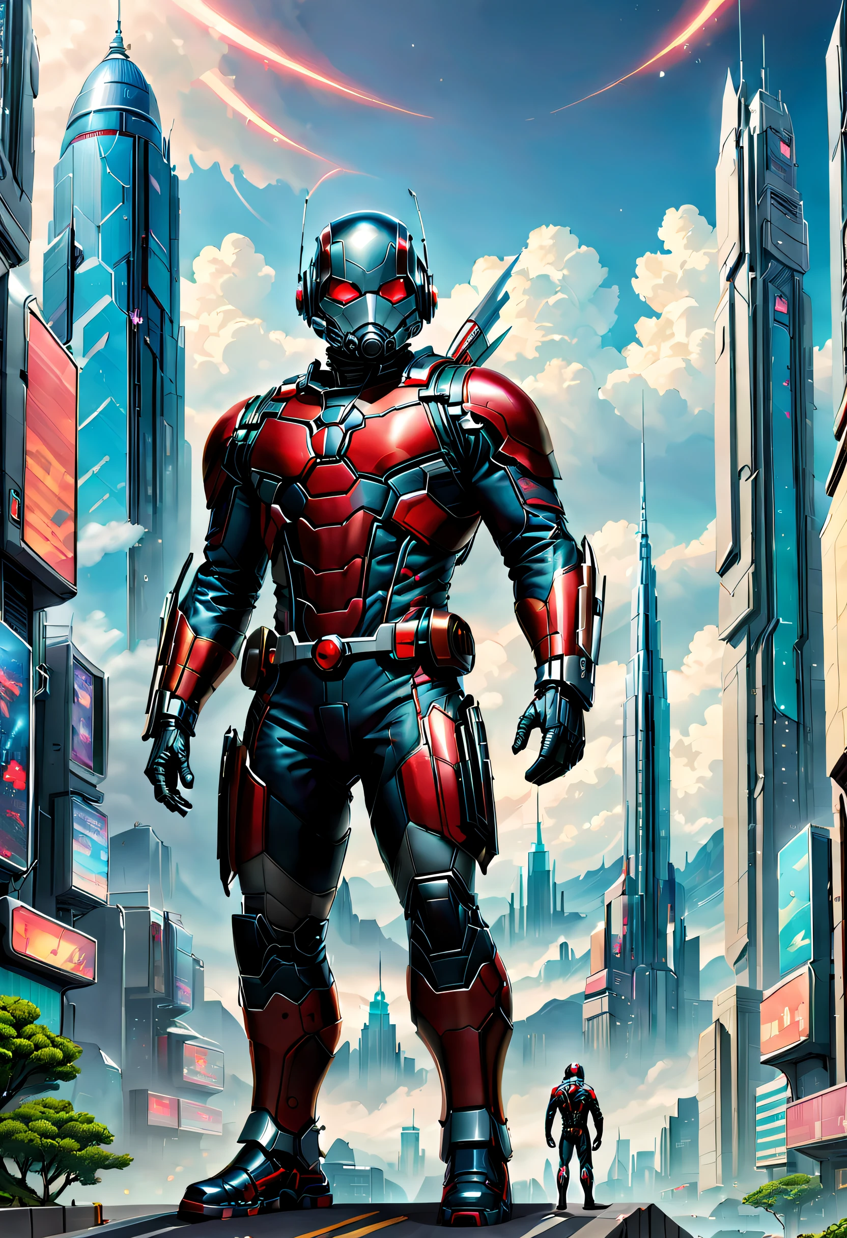 Heroes of the Marvel Universe，Giant cyberpunk Ant-Man，Standing tall in a futuristic sci-fi mini-city，a tall body，Towering over the landscape，Tiny futuristic city streets are at Ant-Man's feet，It looks very small，Very small Earth，The clouds are at Ant-Man's waist，Tokusatsu，(Ghibli-like colours, chiaroscuro, Wide-Angle, UHD, masterpiece, ccurate, anatomically correct, textured skin, super detail, high details, high quality, award winning, best quality, 8k)