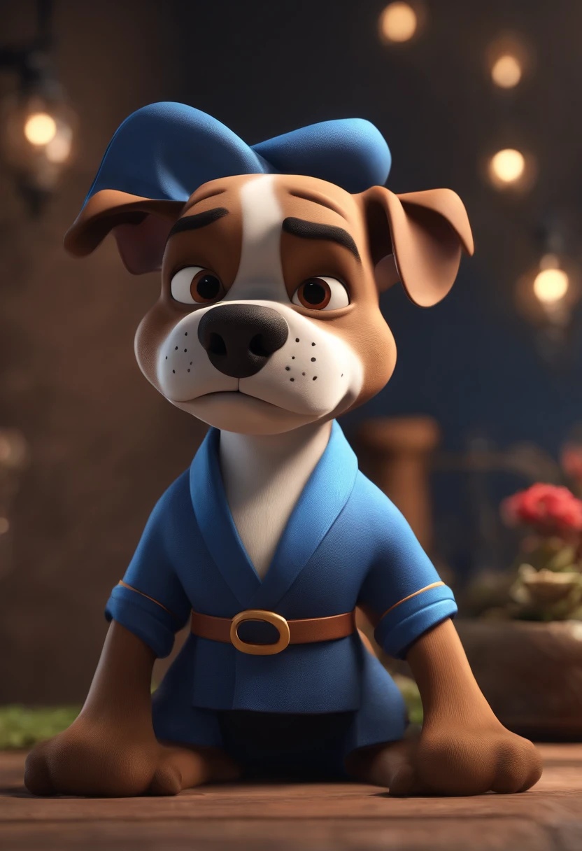 Cartoon character of a bulldog with black kimono and a blue shirt, animation character, Caractere estilizado, animation style rendering, 3D estilizado, Arnold Maya render, 3 d render stylized, toon render keyshot, Personagem 3D, Personagem 3D, 3d rendering stylized, 3 d character render, personagem de desenho animado, Personagem de close up, Pose de personagem, (Estilo Pixar) (master part:1.2) (Bokeh) (best quality) (pele detalhada) (textura detalhada) (8k) (argila) (Cinematic lighting) (foco nítido