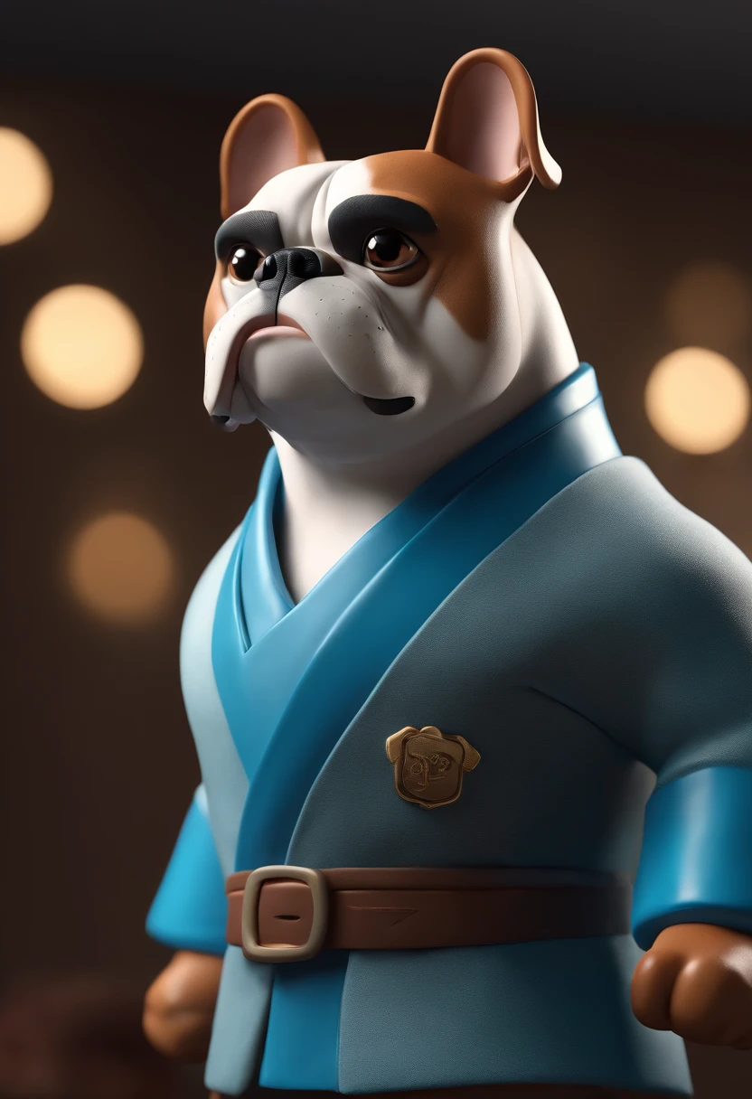 Cartoon character of a bulldog with black kimono and a blue shirt, animation character, Caractere estilizado, animation style rendering, 3D estilizado, Arnold Maya render, 3 d render stylized, toon render keyshot, Personagem 3D, Personagem 3D, 3d rendering stylized, 3 d character render, personagem de desenho animado, Personagem de close up, Pose de personagem,  (Estilo Pixar) (master part:1.2) (Bokeh) (best quality) (pele detalhada) (textura detalhada) (8k) (argila) (Cinematic lighting) (foco nítido
