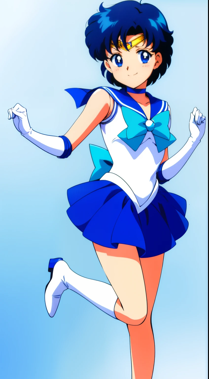 top-quality、​masterpiece、rating:safe、Sailor Senshi Uniform、Anime Boy、Handsome boy、Junior high school boys、Ami Mizuno、gender change、Sailor Mercury、gender change(Girls to boys)、solo、Blue sailor collar、Sky blue bow tie、skirt、Magical Boy、Blue-eyed boy、a blue skirt、bow、jewelry、white glove、elbowgloves、Very short blue-haired boy、White leotard、highleg leotard、robe blanche、耳Nipple Ring、circlet、Blue knee boots、Blue Heeled Boots、Blue choker、smile、a miniskirt、pleatedskirt、Boy standing、looking_at_viewer、back_bow、blue_bow、sky blue_bow、white_bow、gradient_background、closed_mouth、Bare shoulders、bare legs、(1990's\(styles\):0.9)、Hymns to the King as a Prince, Retro Anime Boys、